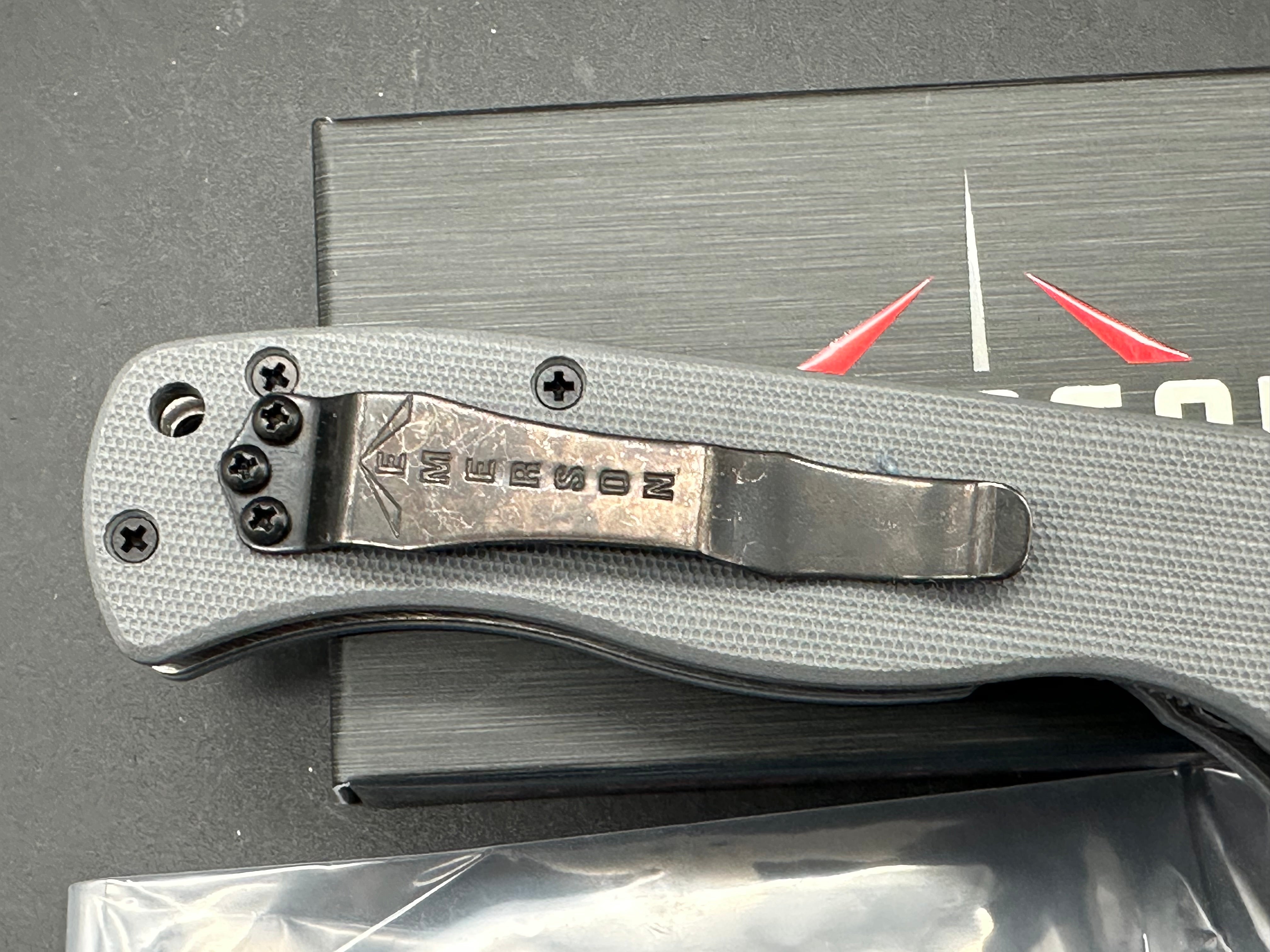 Emerson EX-100 Bowie w/Thunderstorm finish Gray G10 scales 154CM
