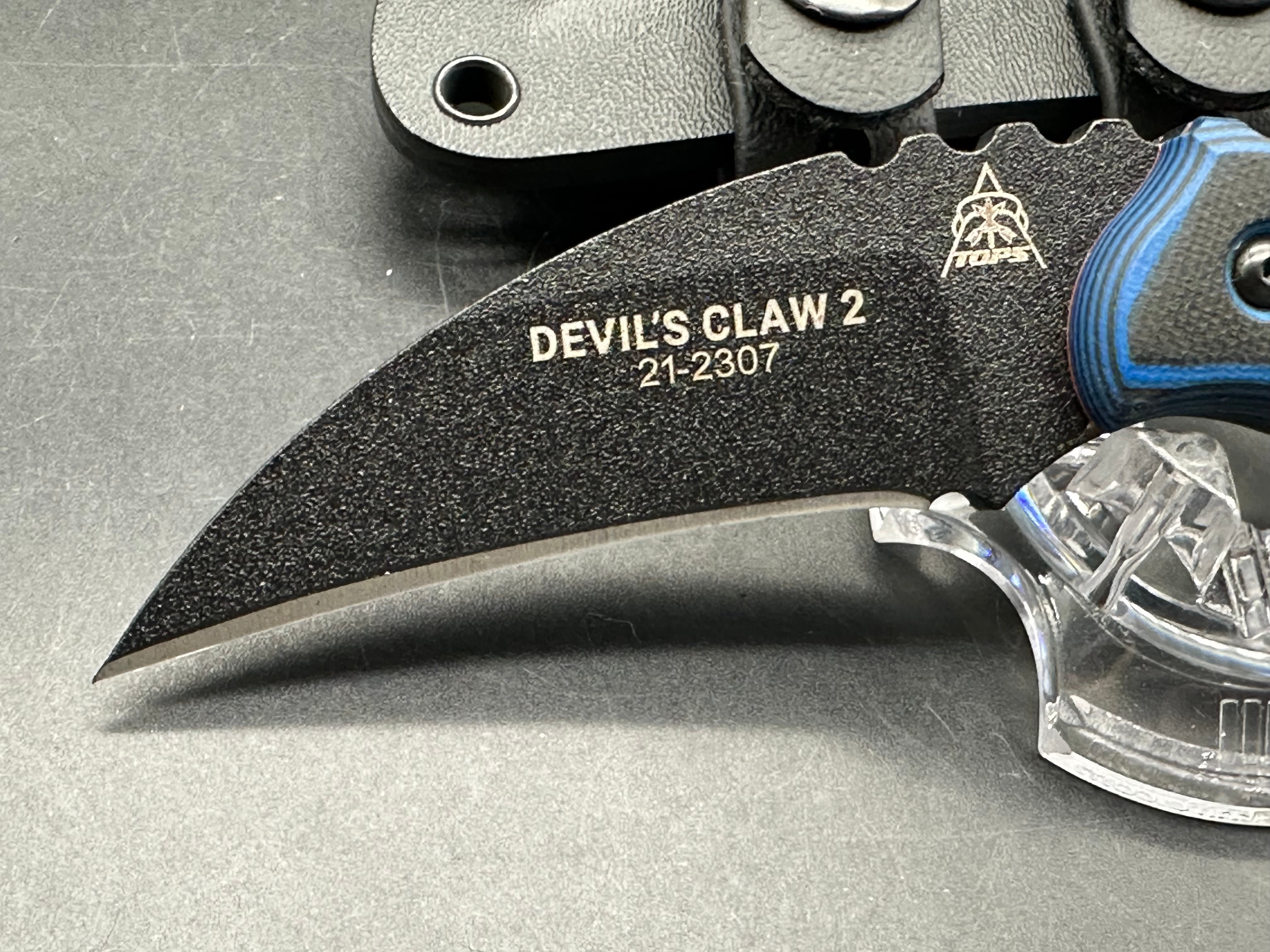 Tops Knives Devil's Claw 2-Blue/Black G-10 Handle (3.13") 1095 High Carbon Steel Blade, Black Traction Coating
