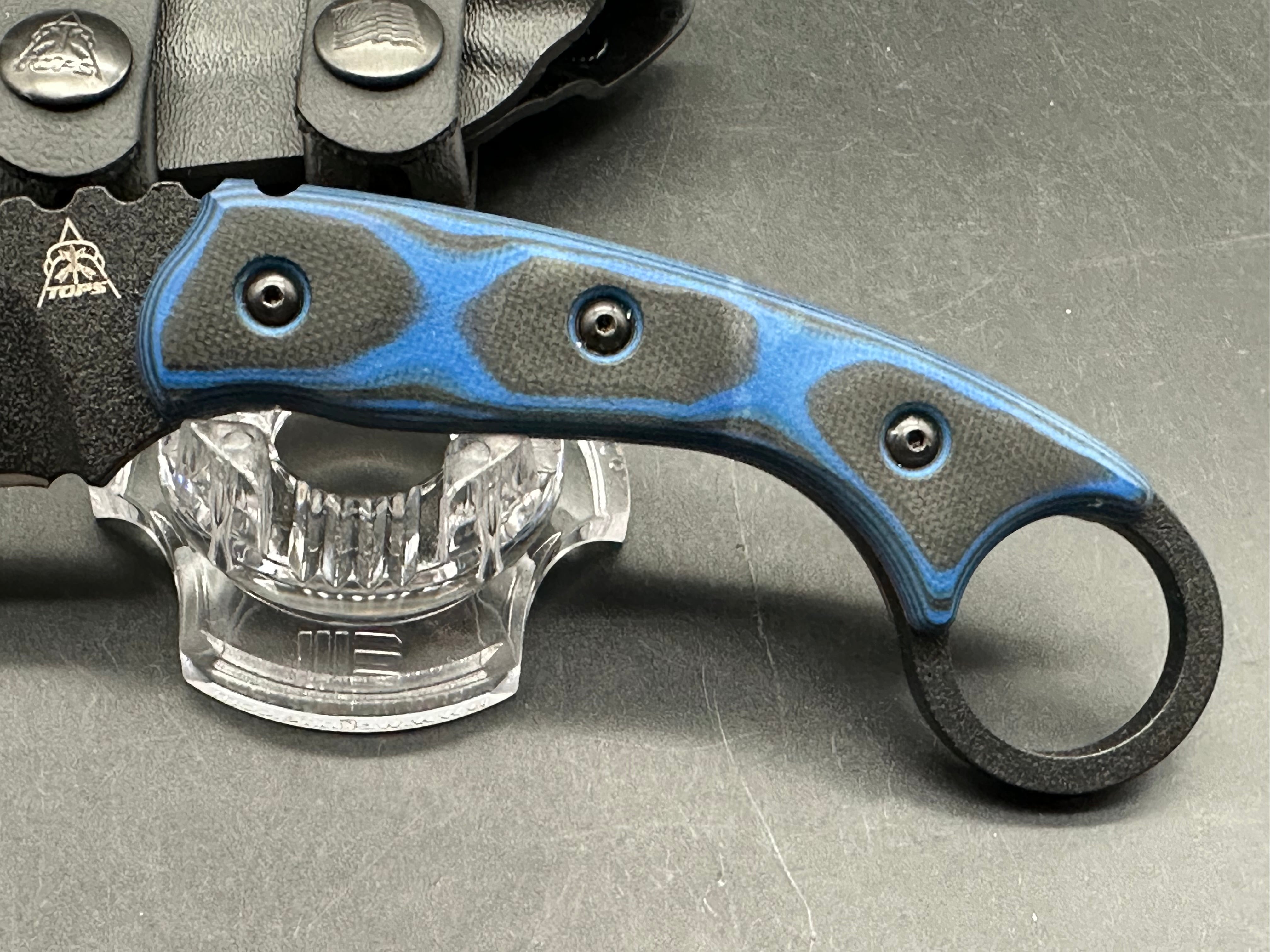 Tops Knives Devil's Claw 2-Blue/Black G-10 Handle (3.13") 1095 High Carbon Steel Blade, Black Traction Coating