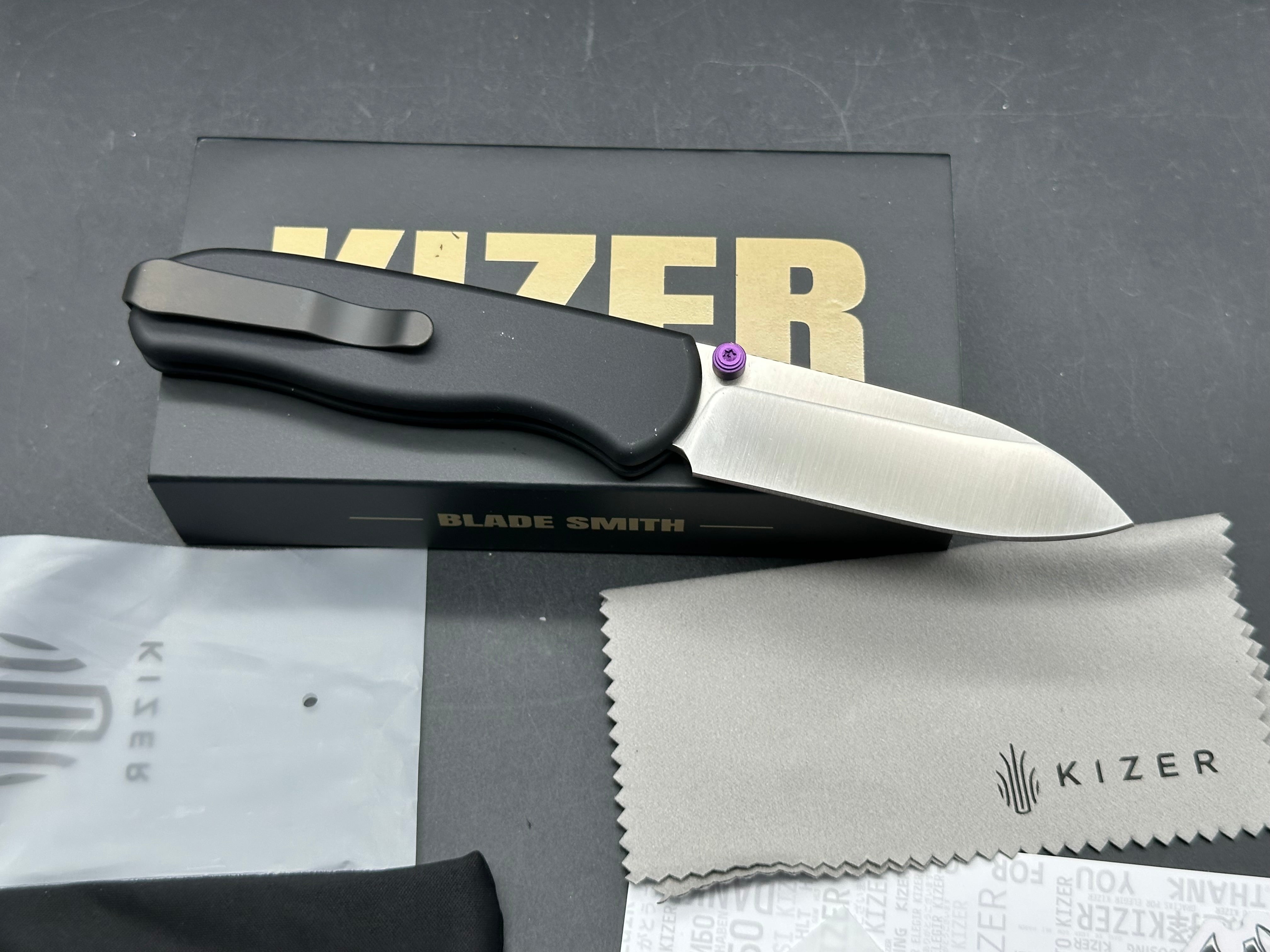 KIZER DROP BEAR ZERO FOLDING KNIFE BLACK ALUMINUM HANDLE ELMAX DROP POINT