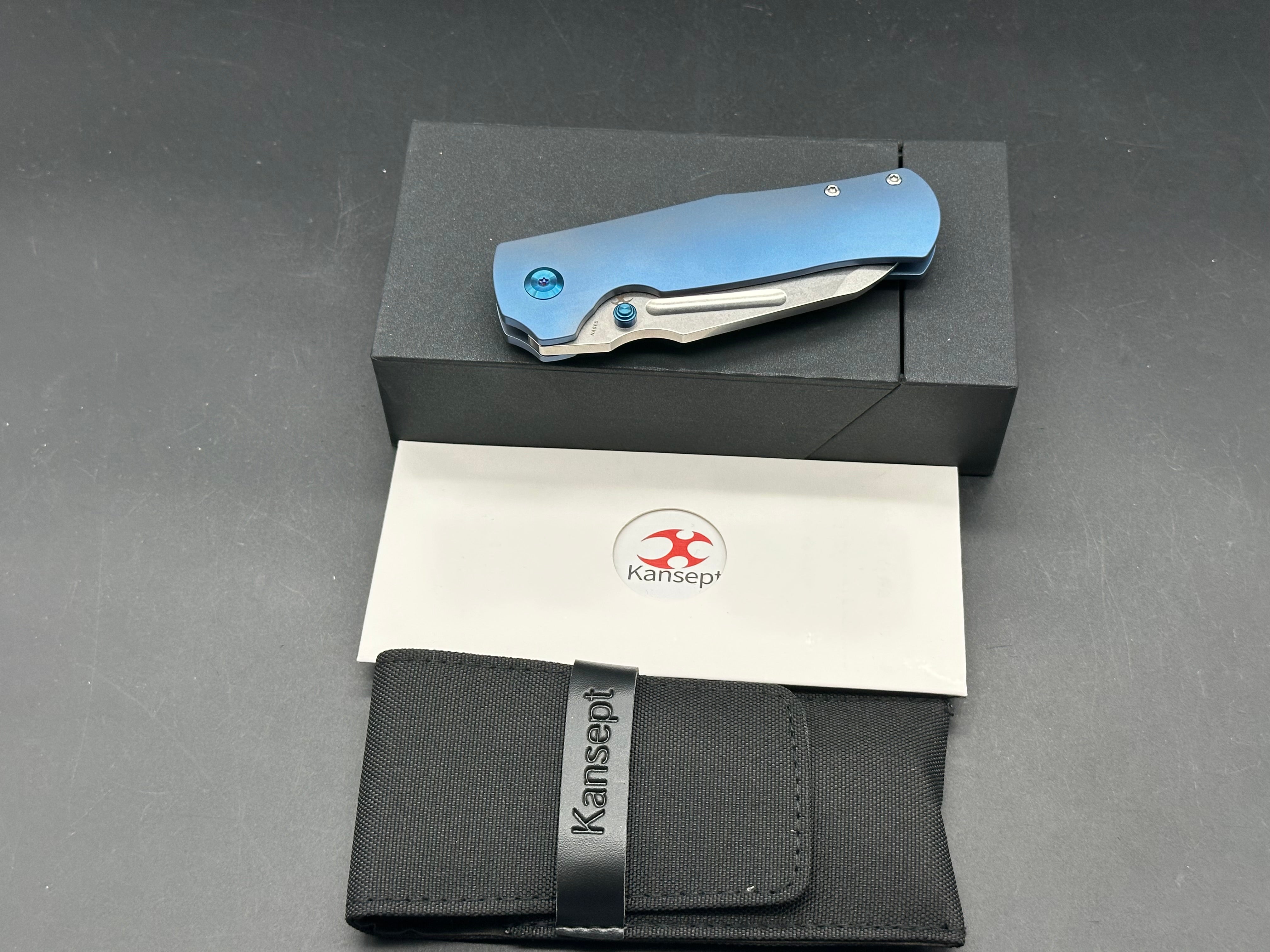 KANSEPT DREADNAUGHT FOLDING KNIFE BLUE TITANIUM HANDLE S35VN CLEAVER PLAIN BLADE