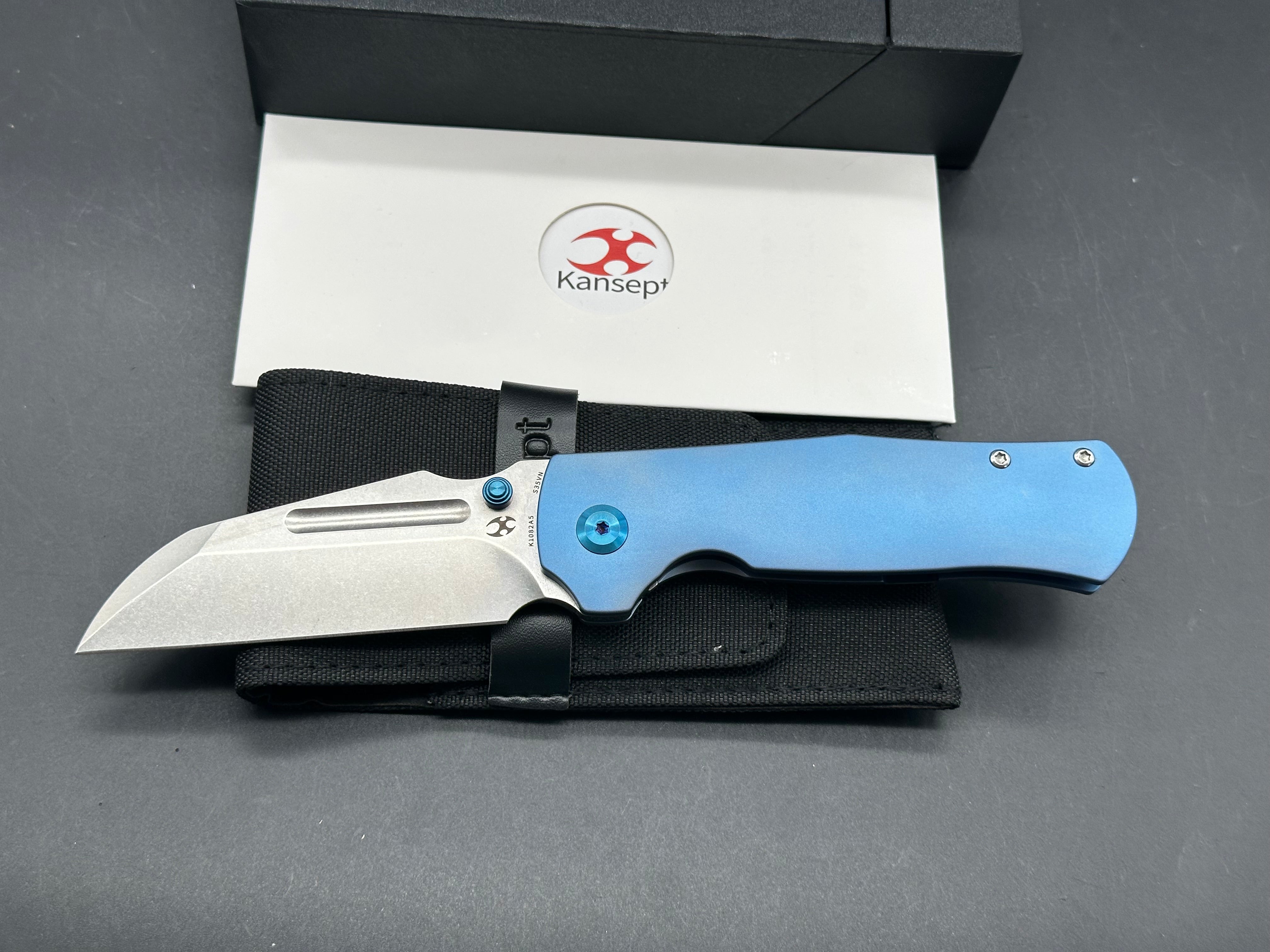 KANSEPT DREADNAUGHT FOLDING KNIFE BLUE TITANIUM HANDLE S35VN CLEAVER PLAIN BLADE