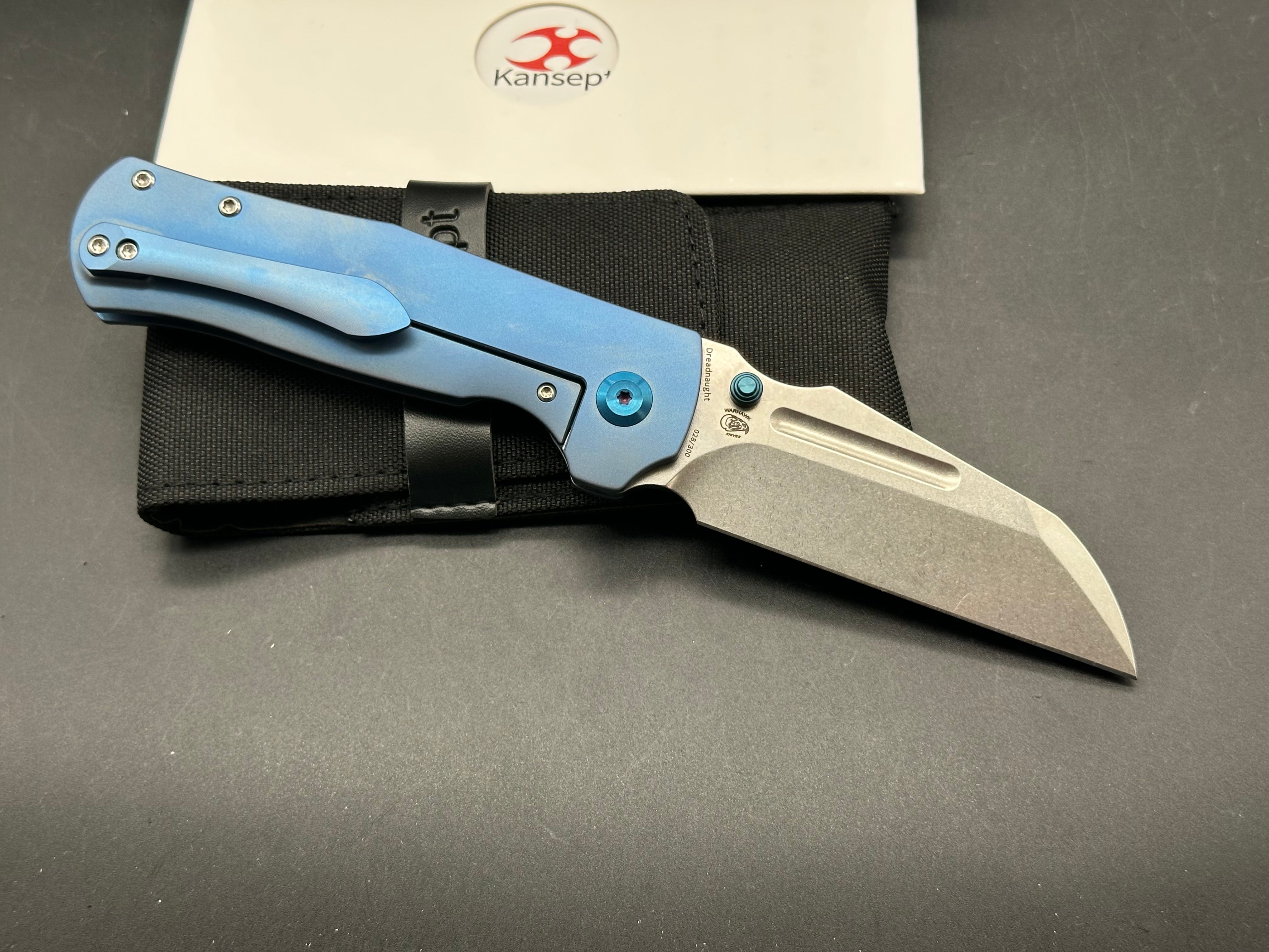 KANSEPT DREADNAUGHT FOLDING KNIFE BLUE TITANIUM HANDLE S35VN CLEAVER PLAIN BLADE