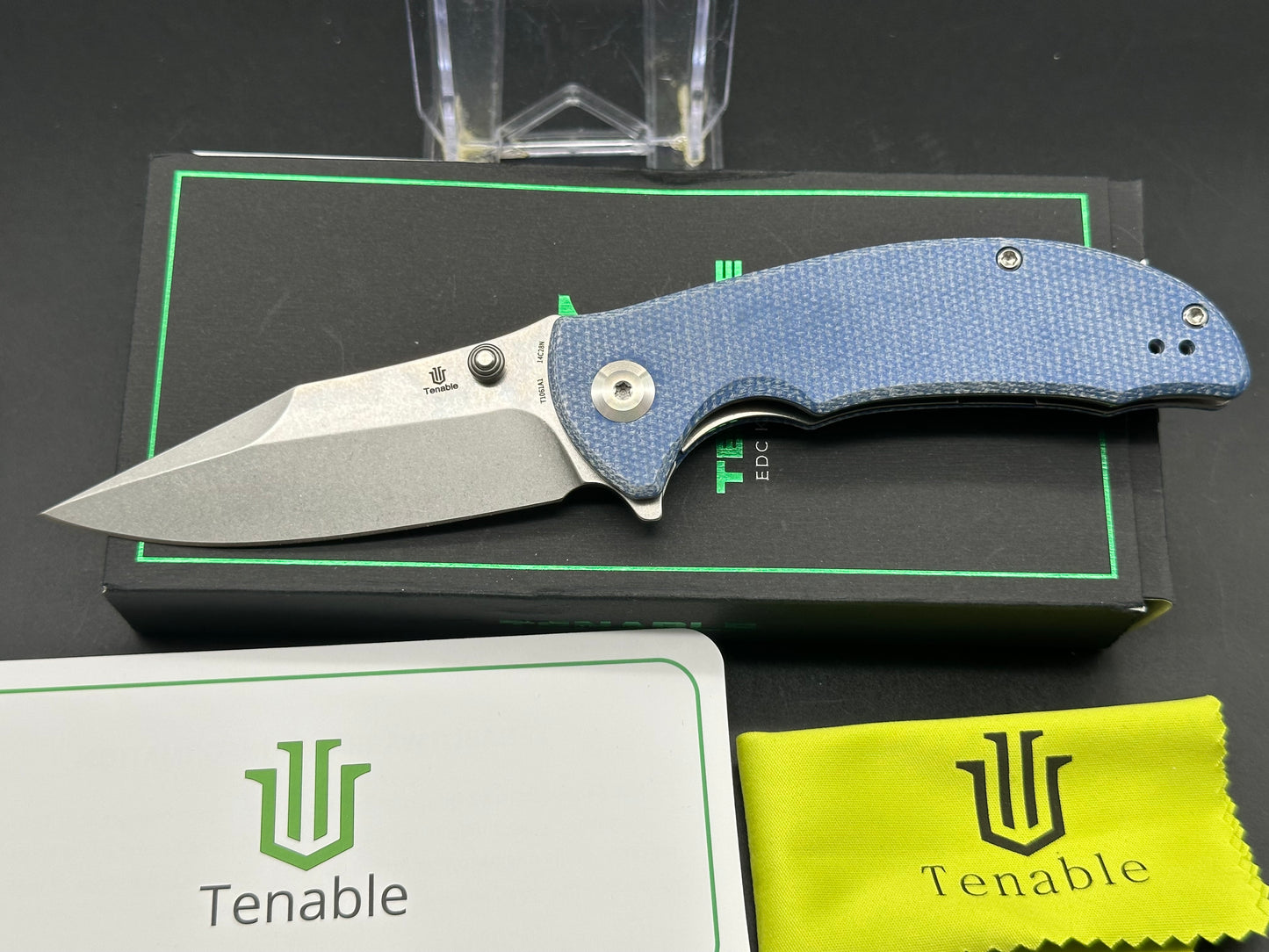 TENABLE REI FOLDING KNIFE BLUE MICARTA HANDLE 14C28N PLAIN EDGE