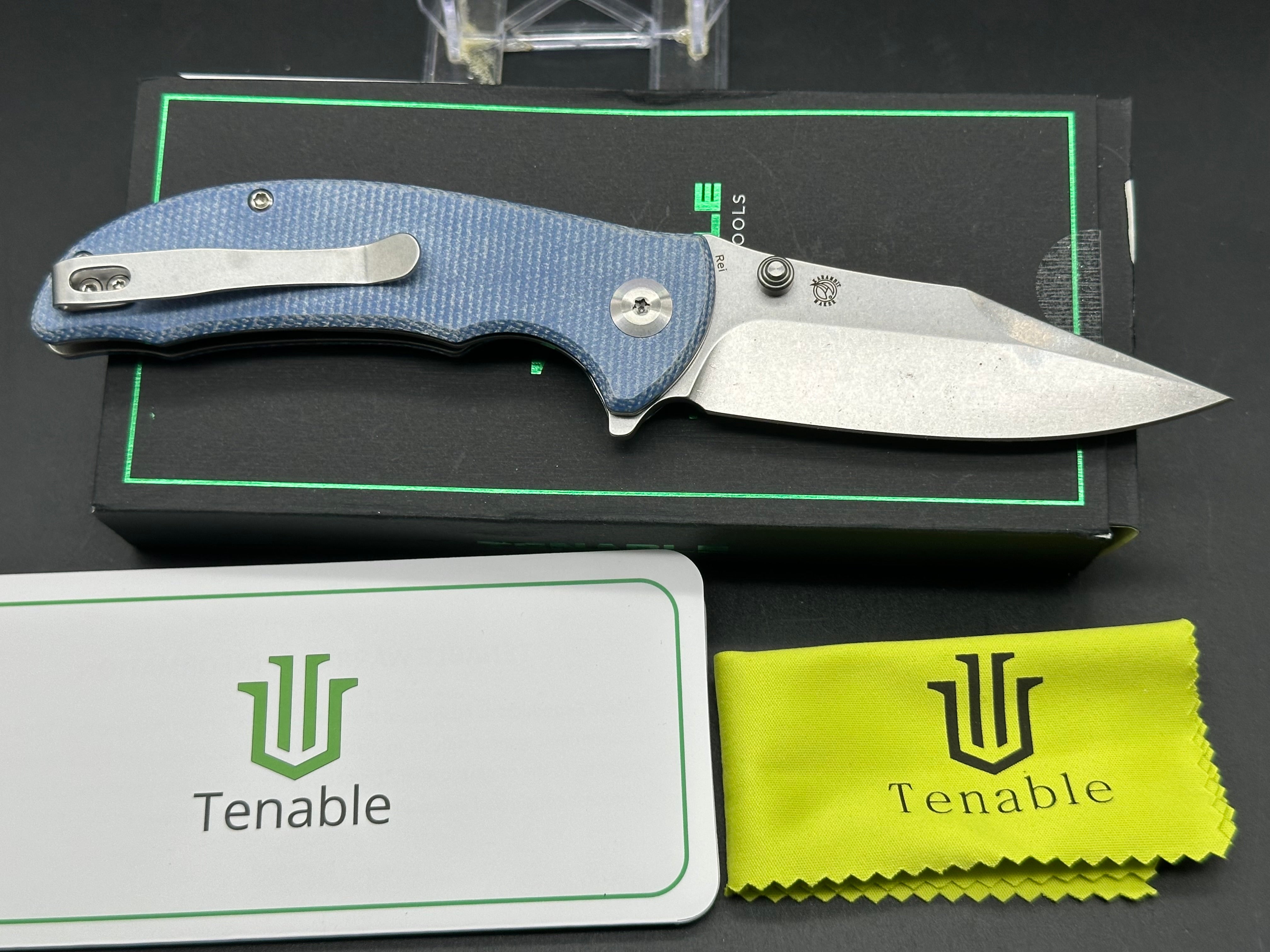 TENABLE REI FOLDING KNIFE BLUE MICARTA HANDLE 14C28N PLAIN EDGE