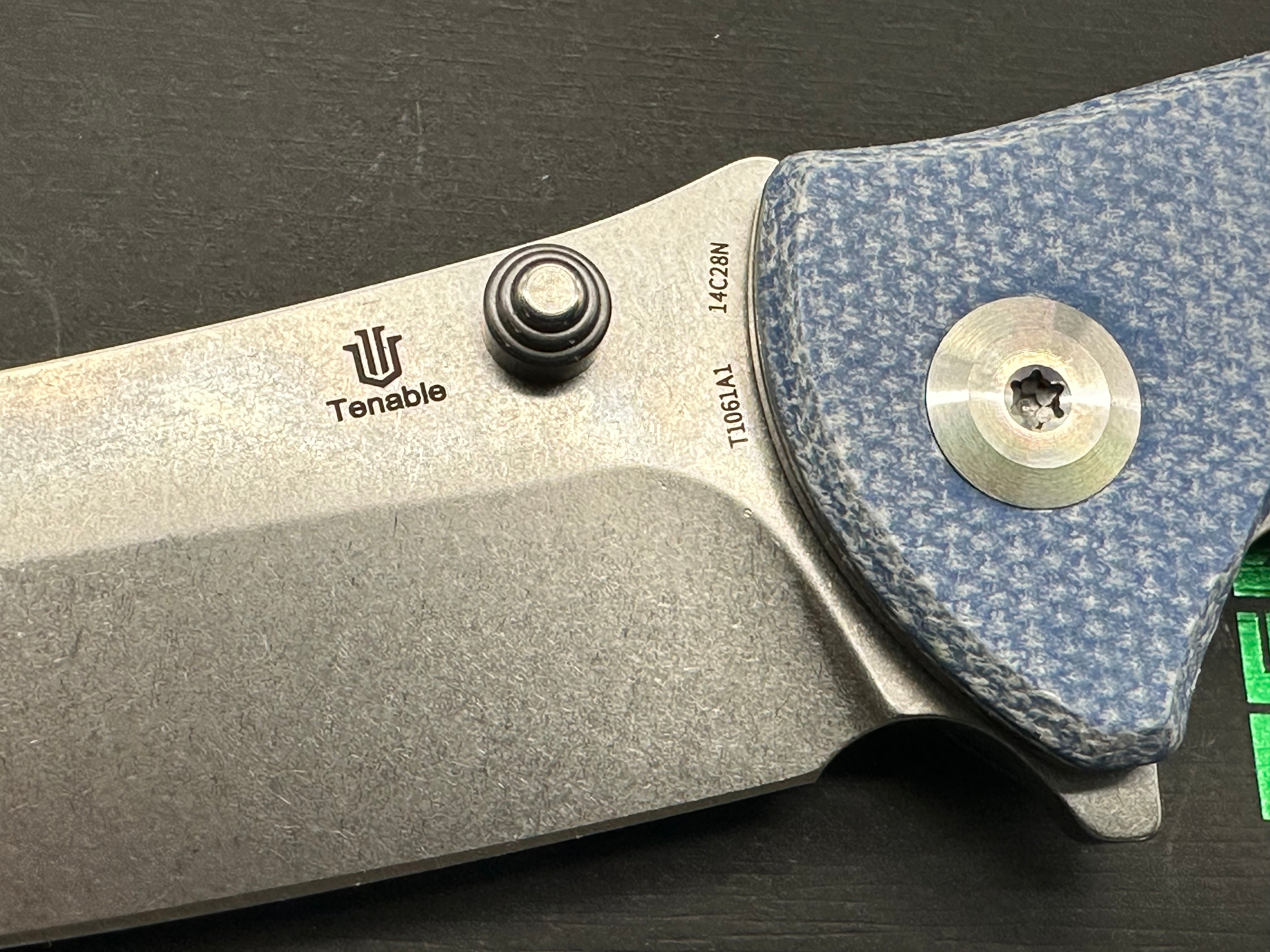 TENABLE REI FOLDING KNIFE BLUE MICARTA HANDLE 14C28N PLAIN EDGE