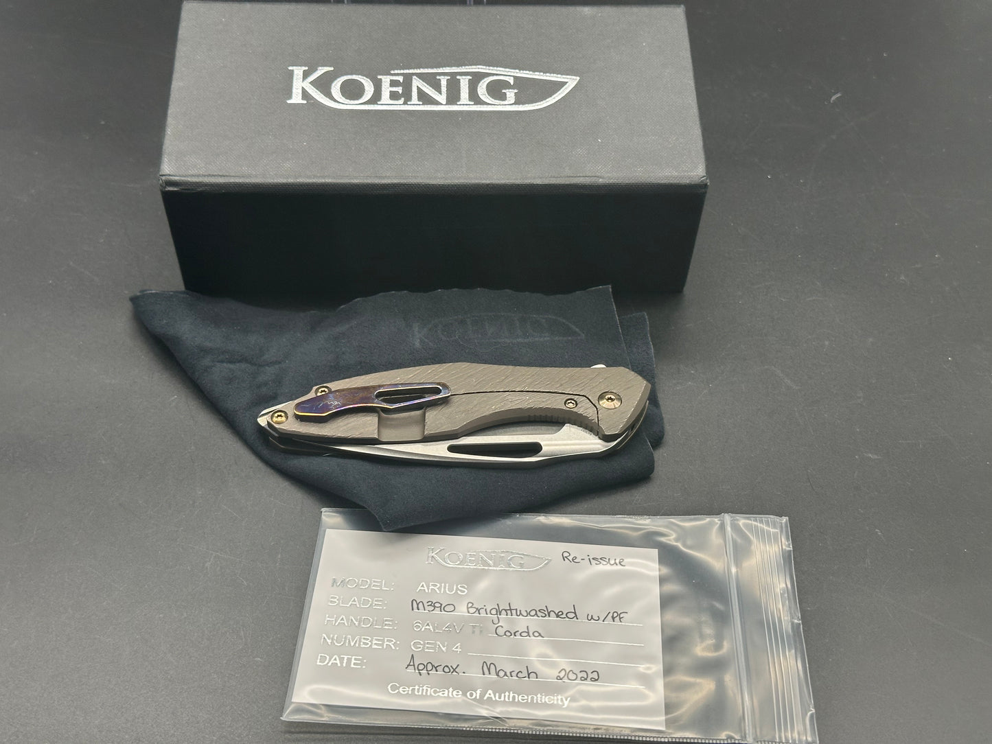 Koenig Arius Corda pattern titanium handle w/M390 blade