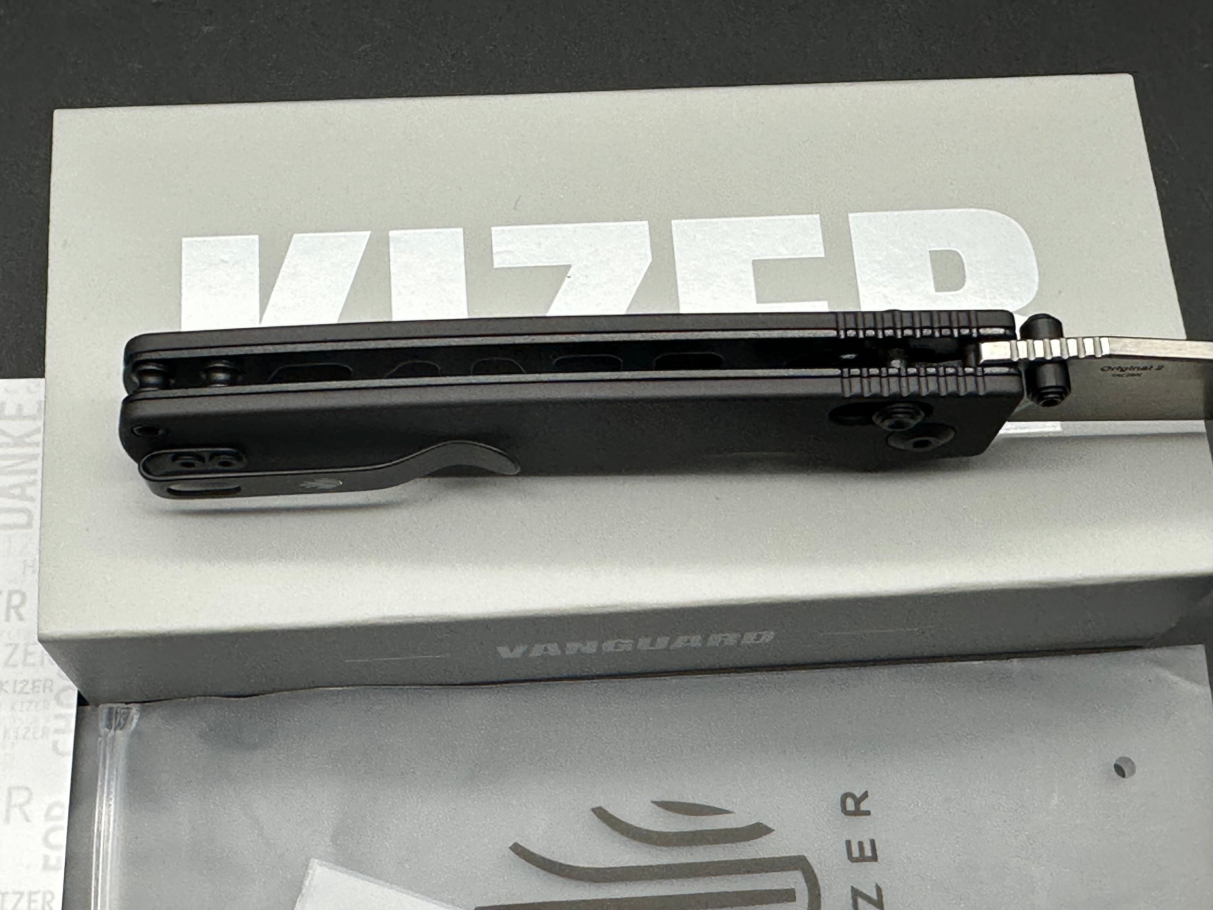 KIZER ORIGINAL 2 GRAY ALUMINUM HANDLE 14C28N MODIFIED DROP POINT PLAIN EDGE SATIN