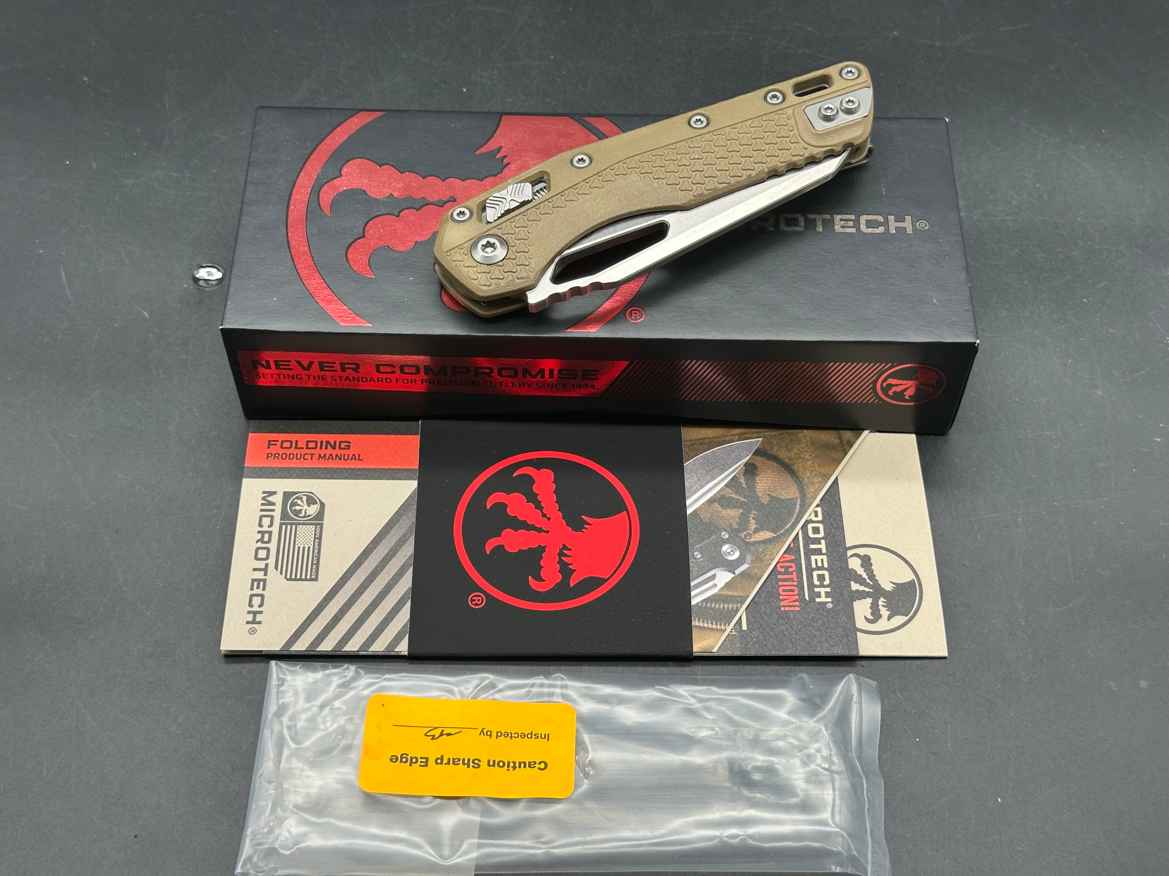 Microtech MSI S/E Ram-Lok Tri Grip polymer dark earth color with stonewash blade