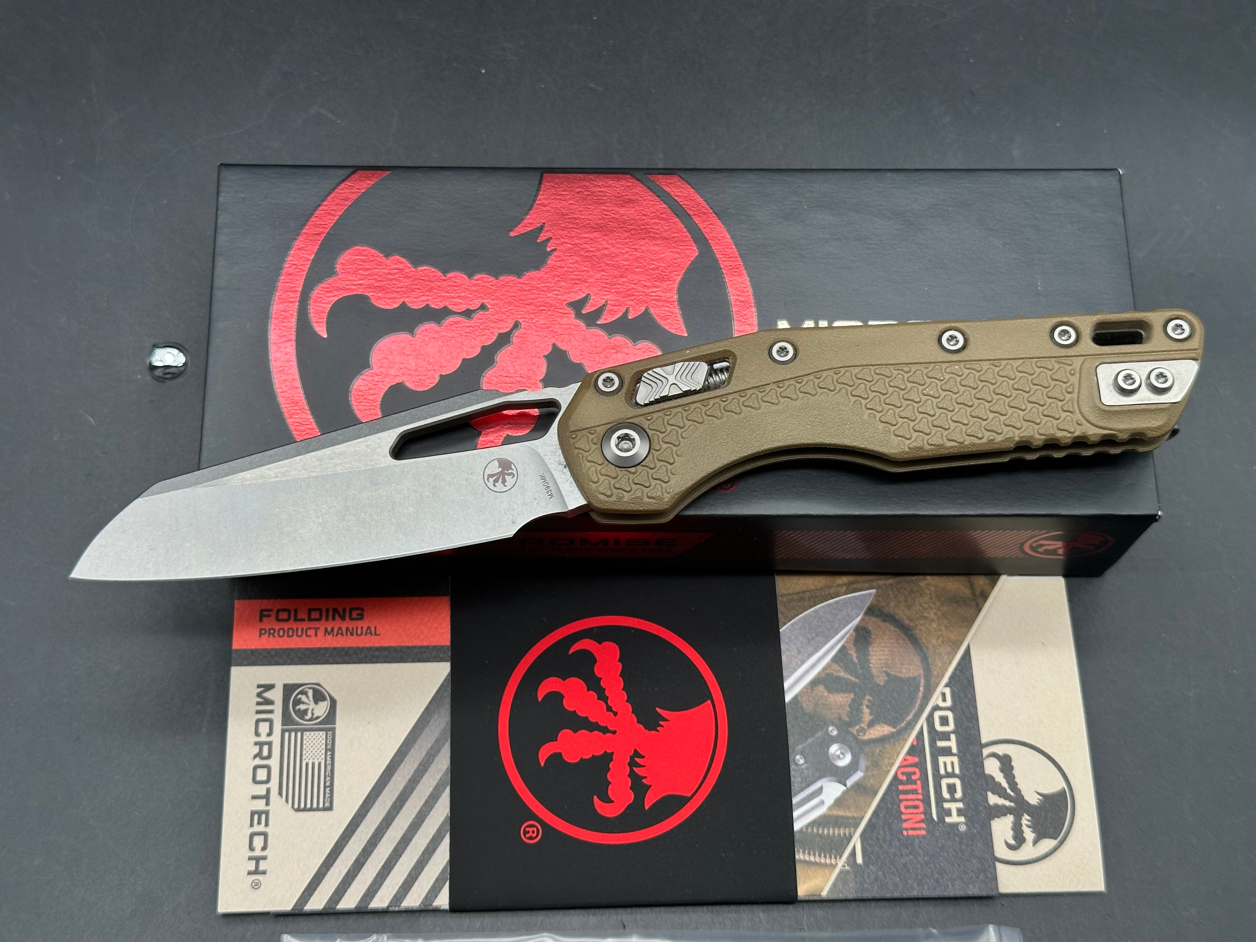 Microtech MSI S/E Ram-Lok Tri Grip polymer dark earth color with stonewash blade