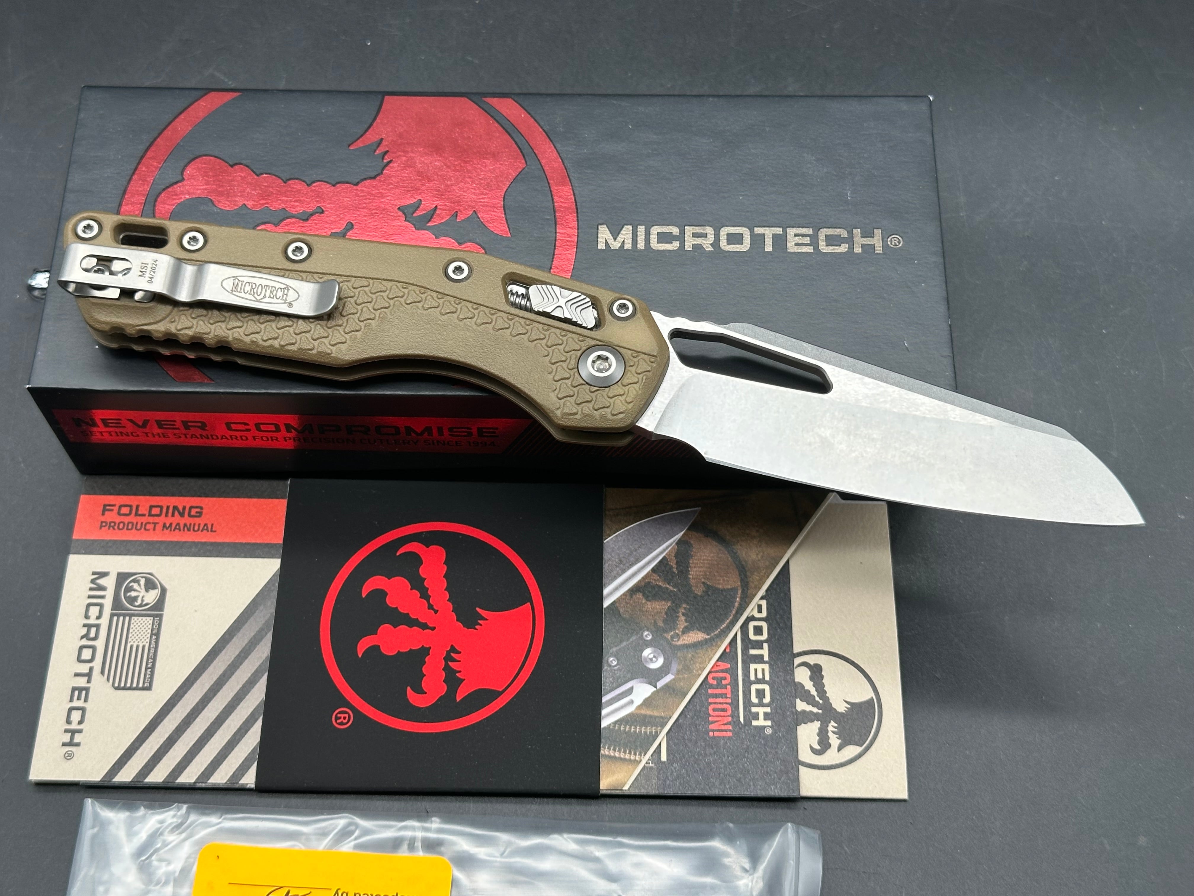 Microtech MSI S/E Ram-Lok Tri Grip polymer dark earth color with stonewash blade