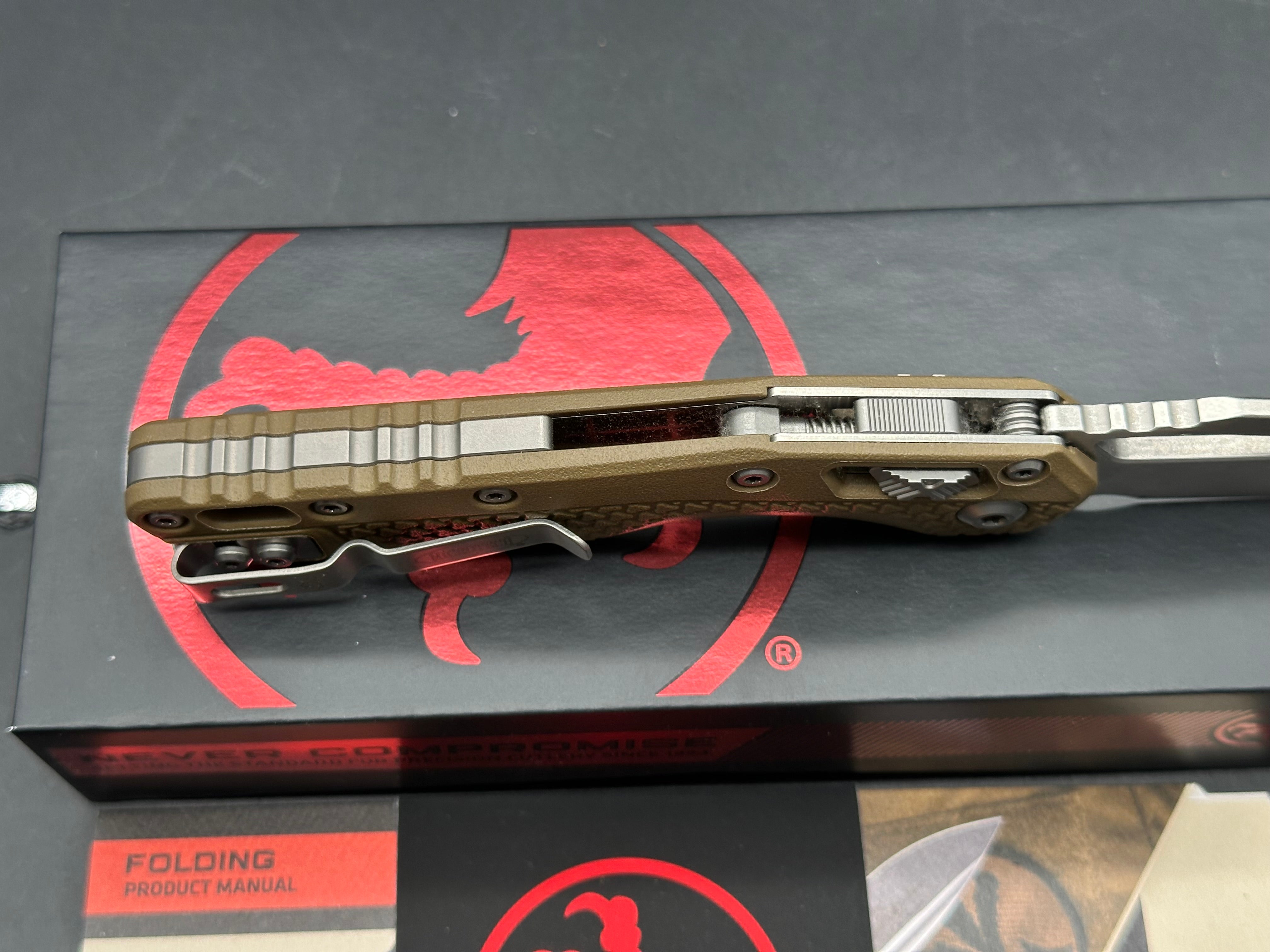 Microtech MSI S/E Ram-Lok Tri Grip polymer dark earth color with stonewash blade