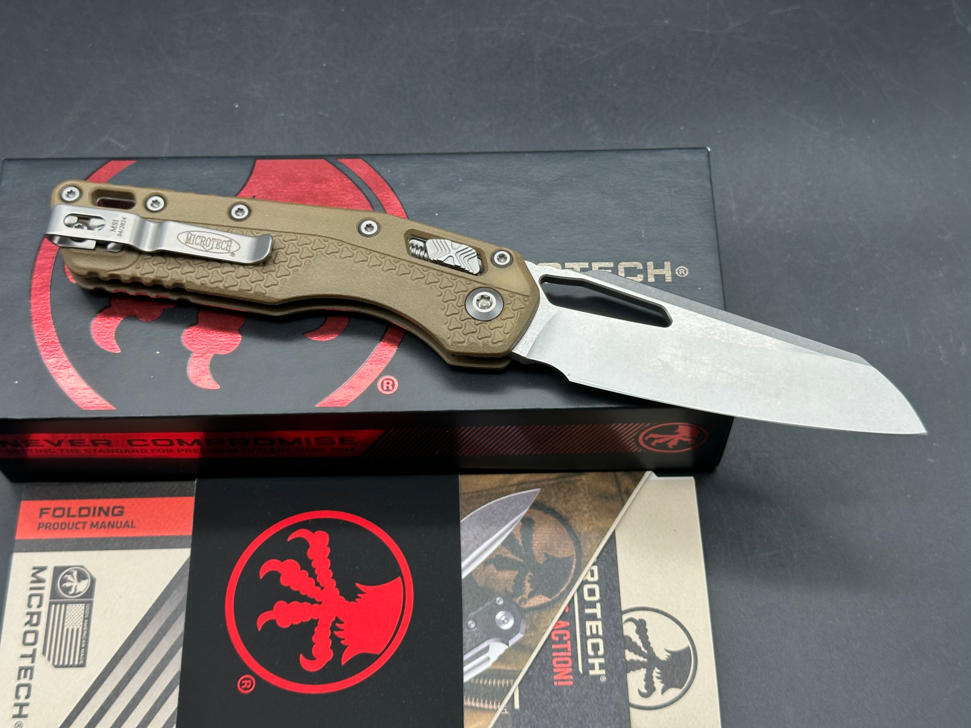 Microtech MSI S/E Ram-Lok Tri Grip polymer dark earth color with stonewash blade