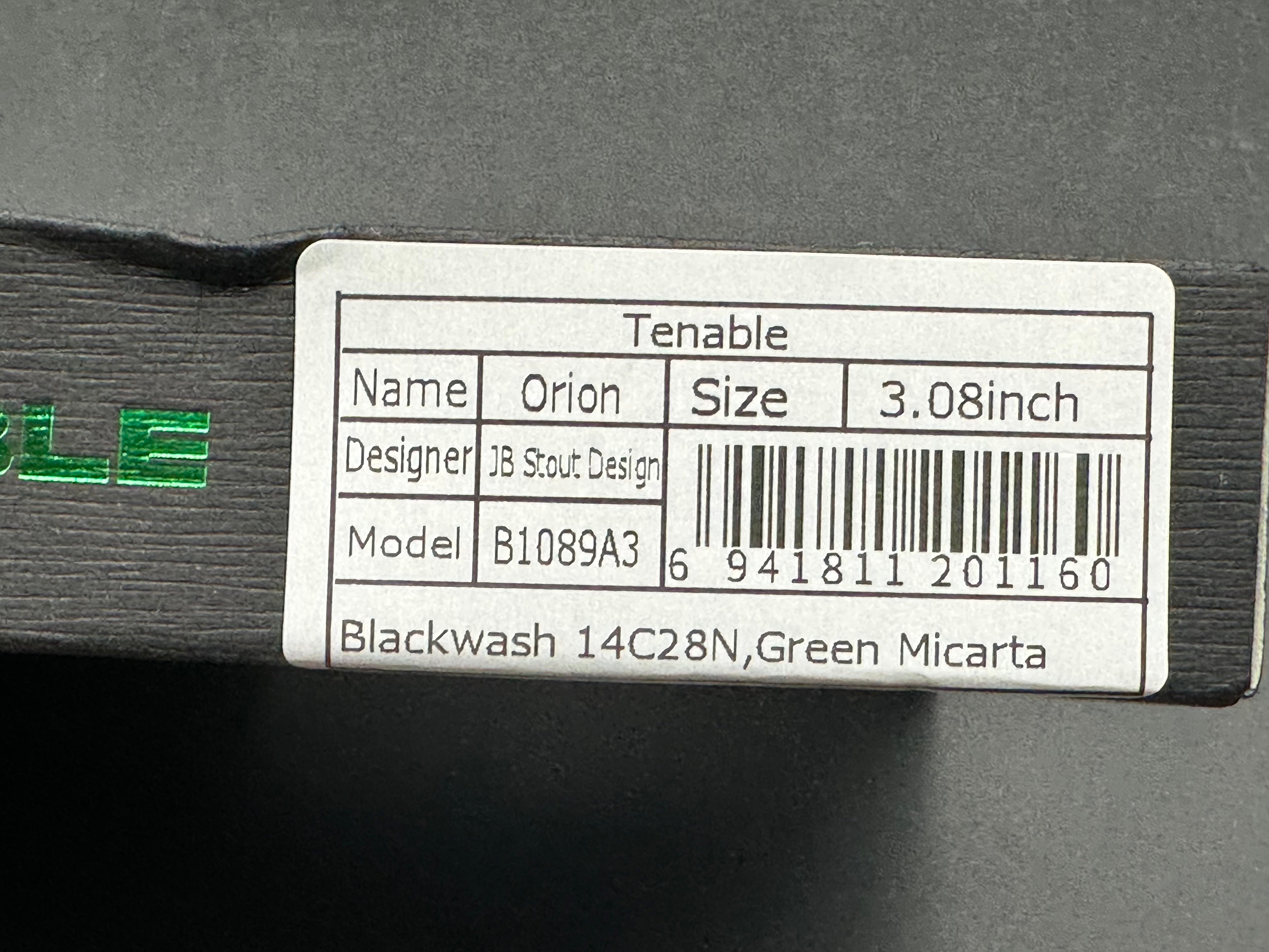 TENABLE ORION GREEN MICARTA HANDLE 14C28N CLIP POINT PLAIN EDGE BLACKWASH FINISH