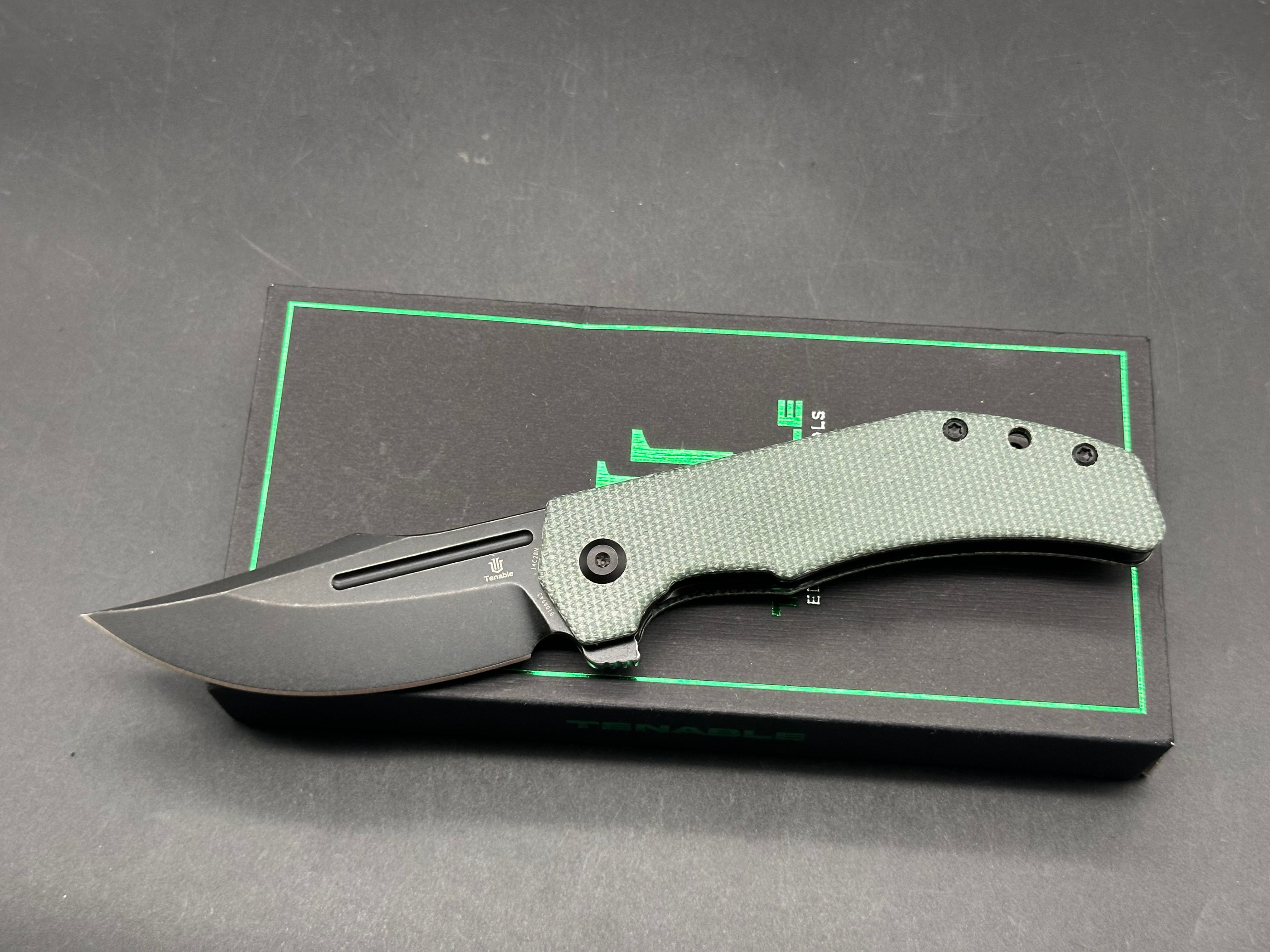 TENABLE ORION GREEN MICARTA HANDLE 14C28N CLIP POINT PLAIN EDGE BLACKWASH FINISH