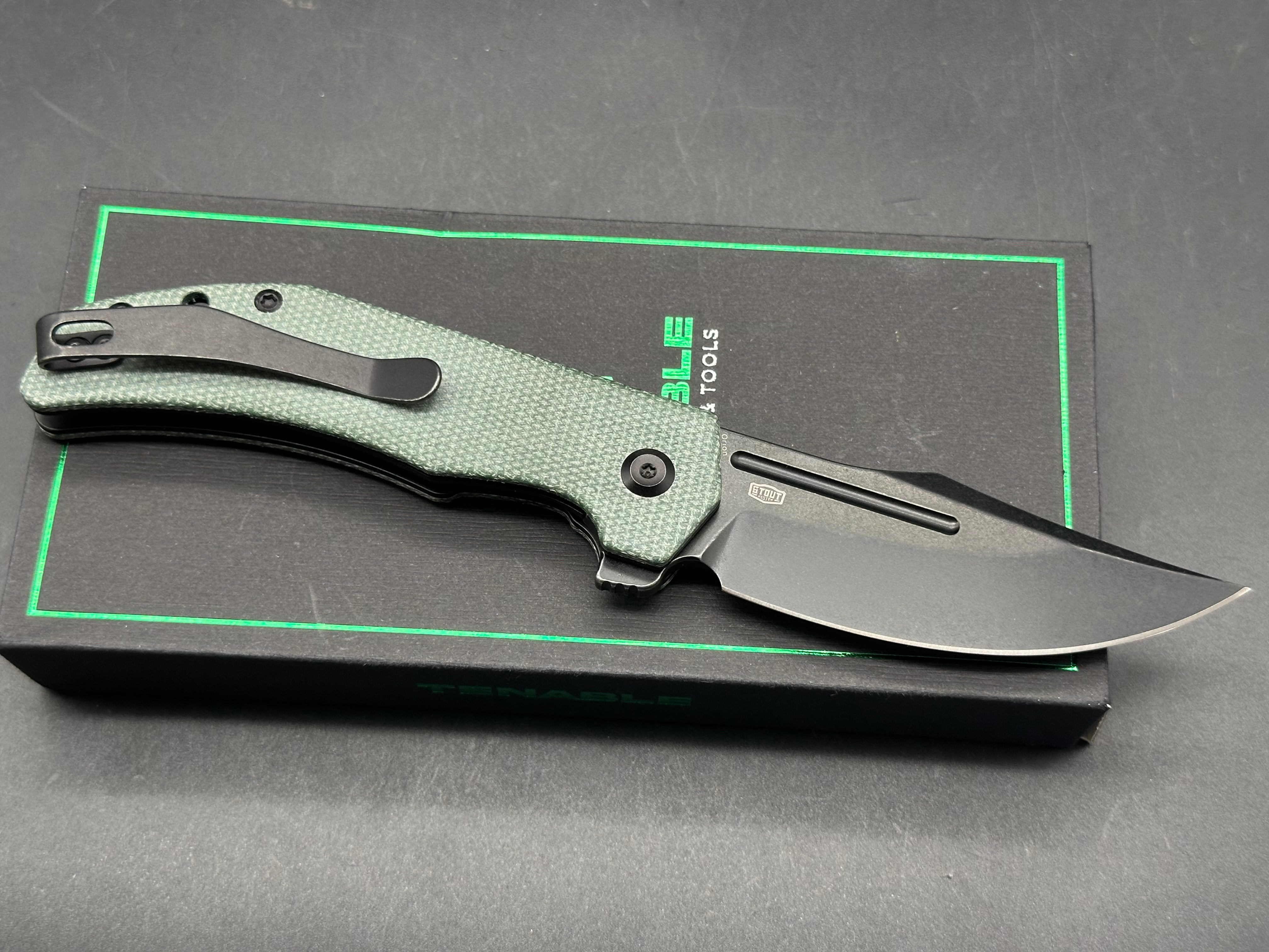 TENABLE ORION GREEN MICARTA HANDLE 14C28N CLIP POINT PLAIN EDGE BLACKWASH FINISH
