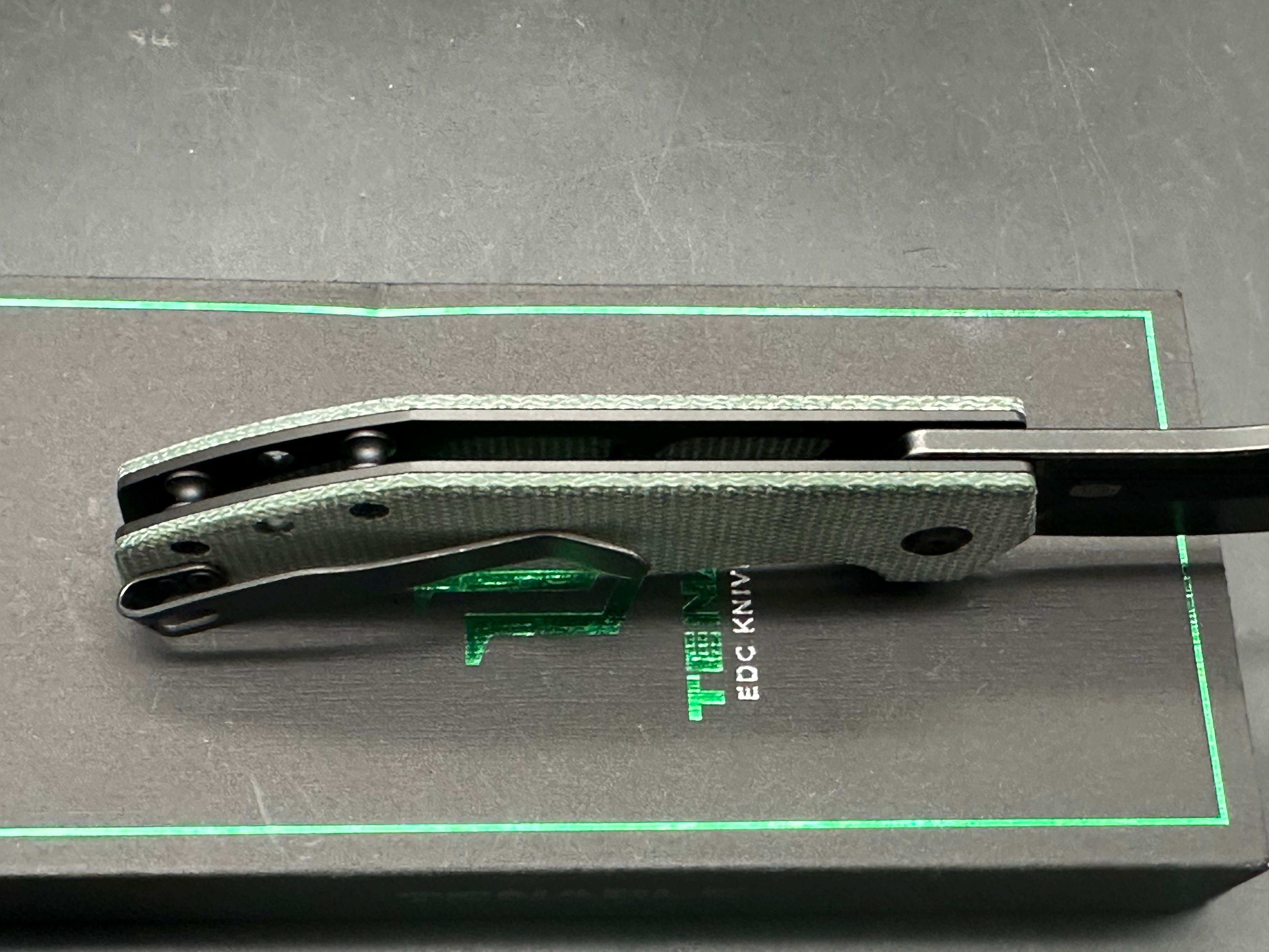 TENABLE ORION GREEN MICARTA HANDLE 14C28N CLIP POINT PLAIN EDGE BLACKWASH FINISH