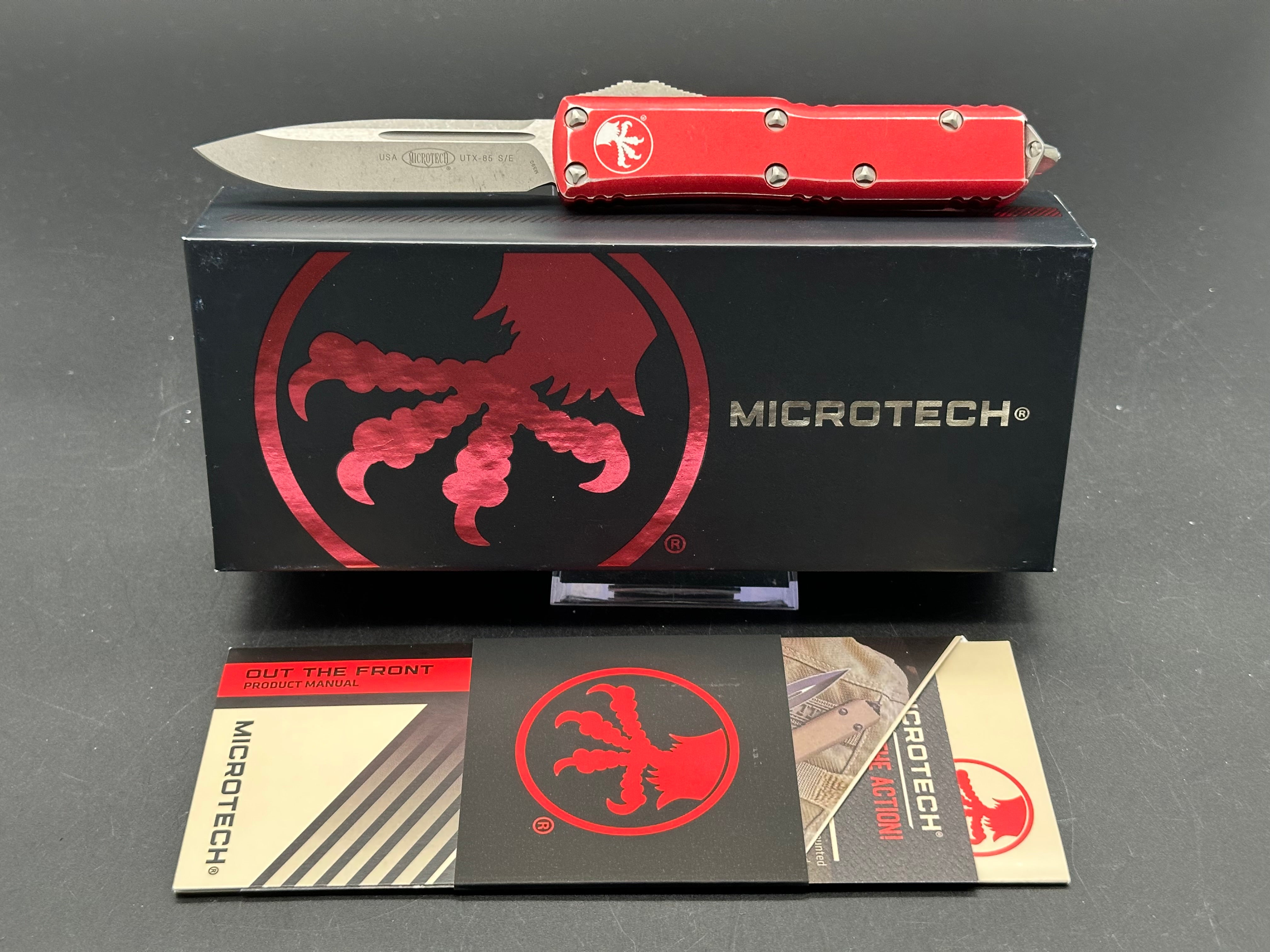 Microtech UTX-85 S/E OTF Automatic Knife Distressed Red Aluminum (3.1" SW)