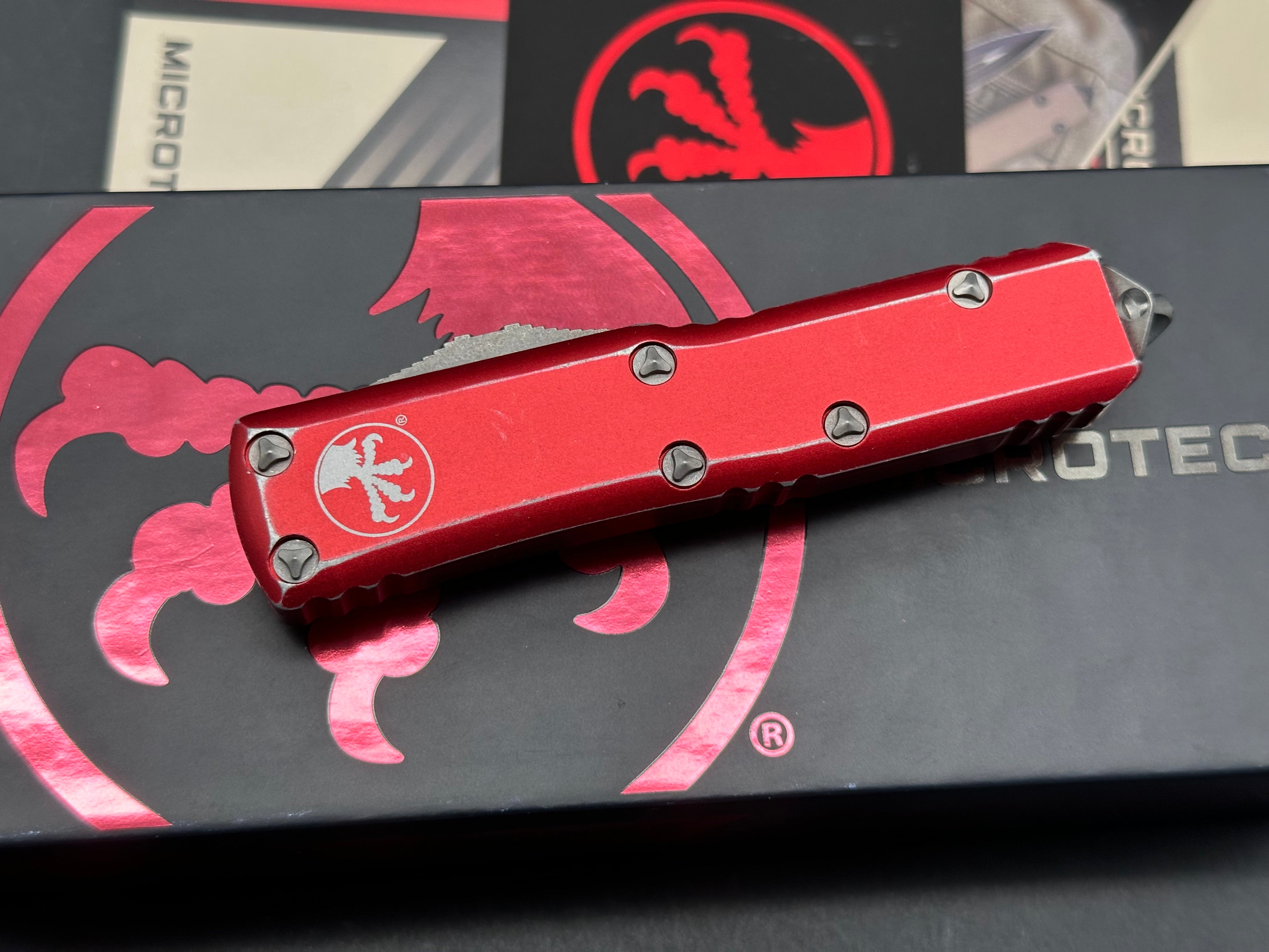 Microtech UTX-85 S/E OTF Automatic Knife Distressed Red Aluminum (3.1" SW)