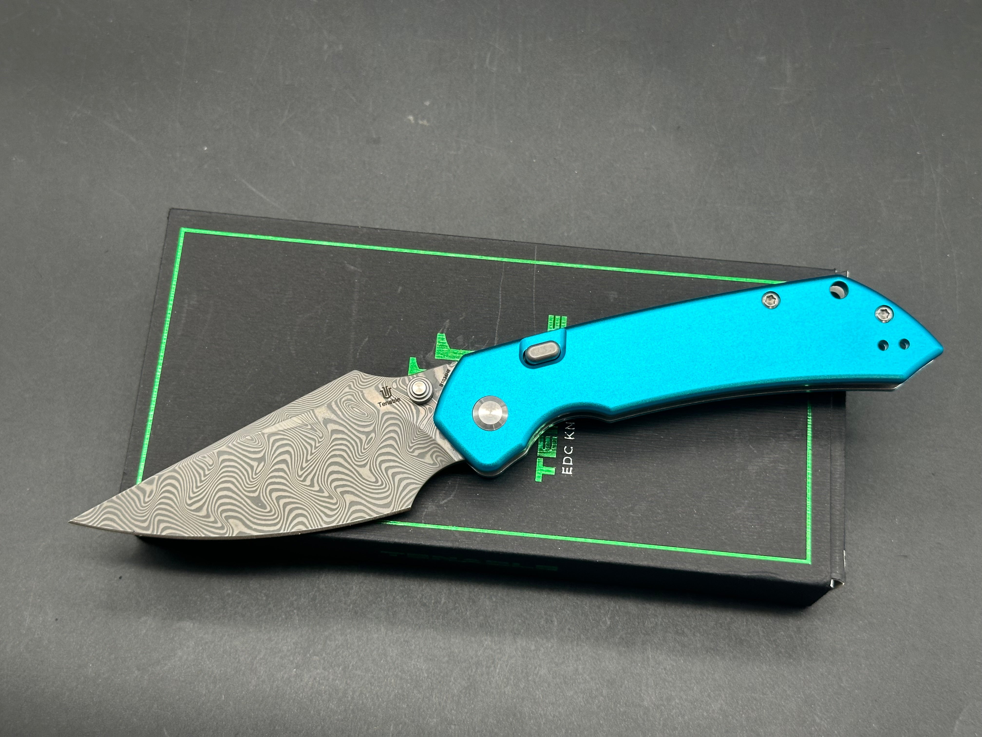 TENABLE FENRIR TOP LINER LOCK BLUE ALUMINUM HANDLE DAMASCUS BLADE