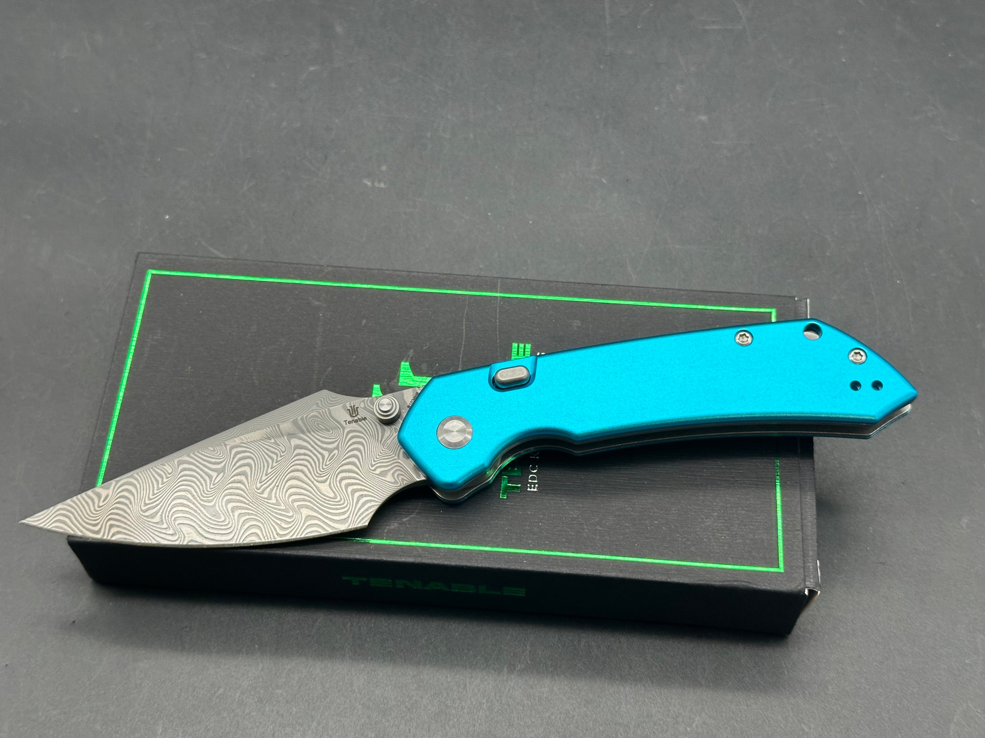 TENABLE FENRIR TOP LINER LOCK BLUE ALUMINUM HANDLE DAMASCUS BLADE