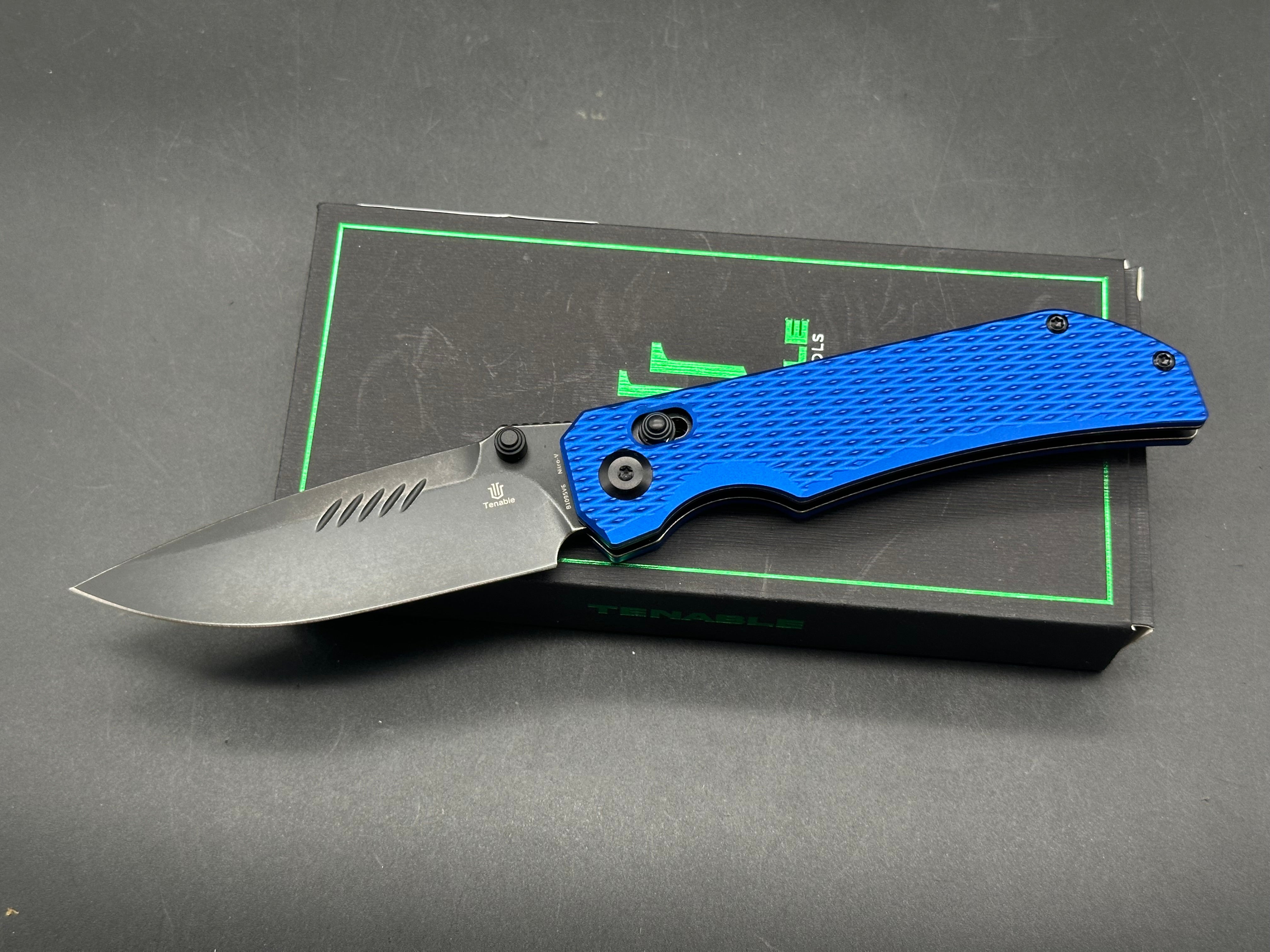 TENABLE EAGLESTRIKE BLUE ALUMINUM HANDLE NITRO-V PLAIN EDGE BLACK STONEWASH FINISH
