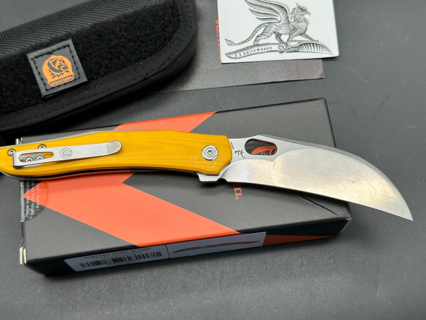 VOSTEED GRIFFIN FOLDING KNIFE YELLOW G10 HANDLE 14C28N HAWKBILL