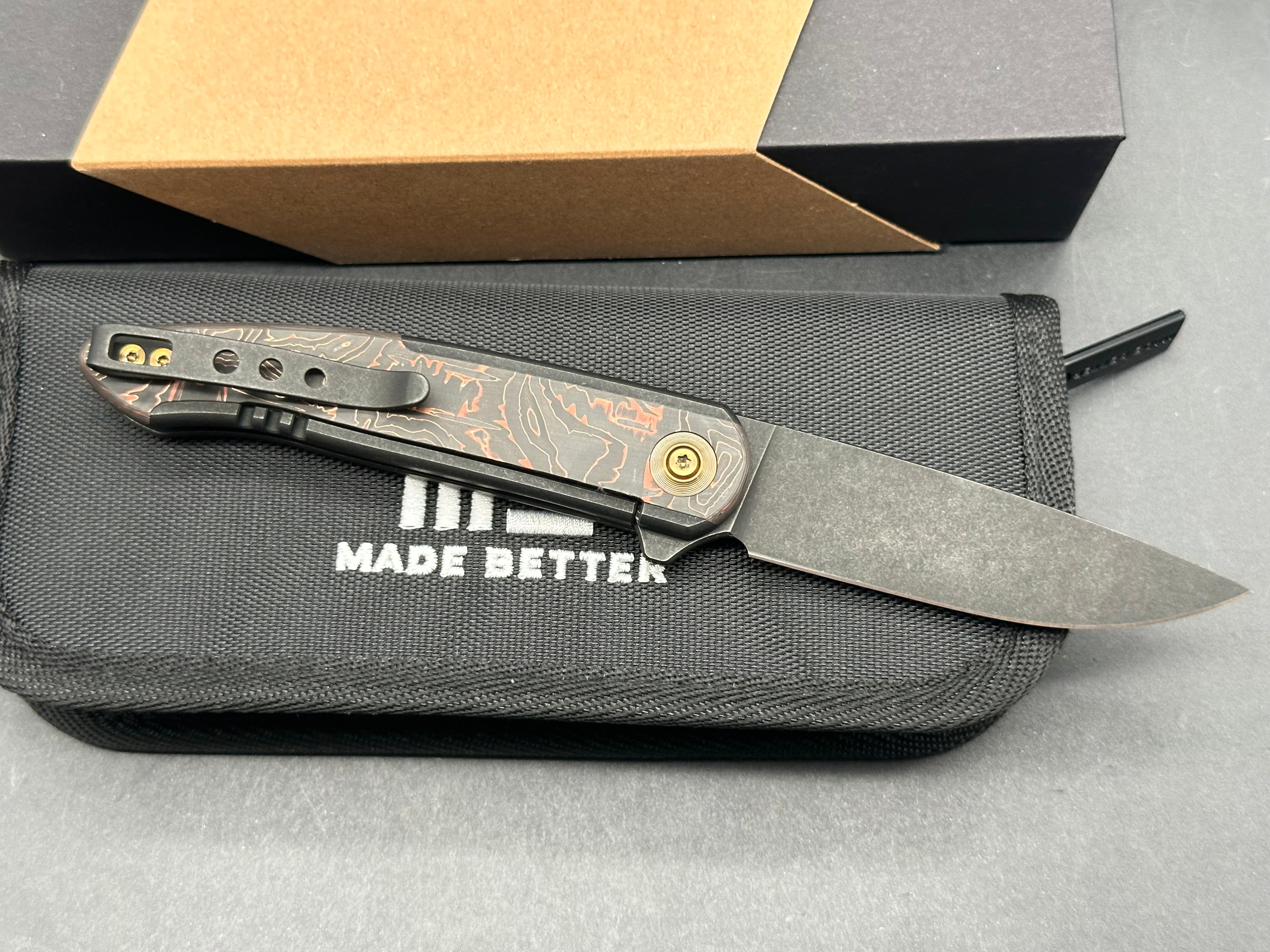 WE Knife Smooth Sentinel Frame Lock Knife Black Titanium/Copper CF