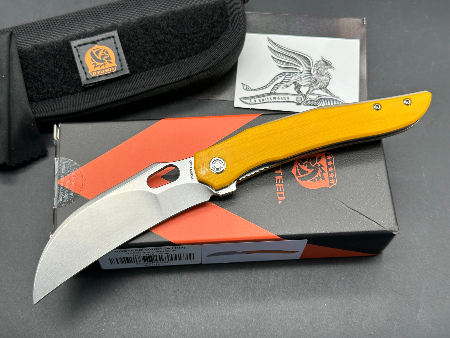 VOSTEED GRIFFIN FOLDING KNIFE YELLOW G10 HANDLE 14C28N HAWKBILL