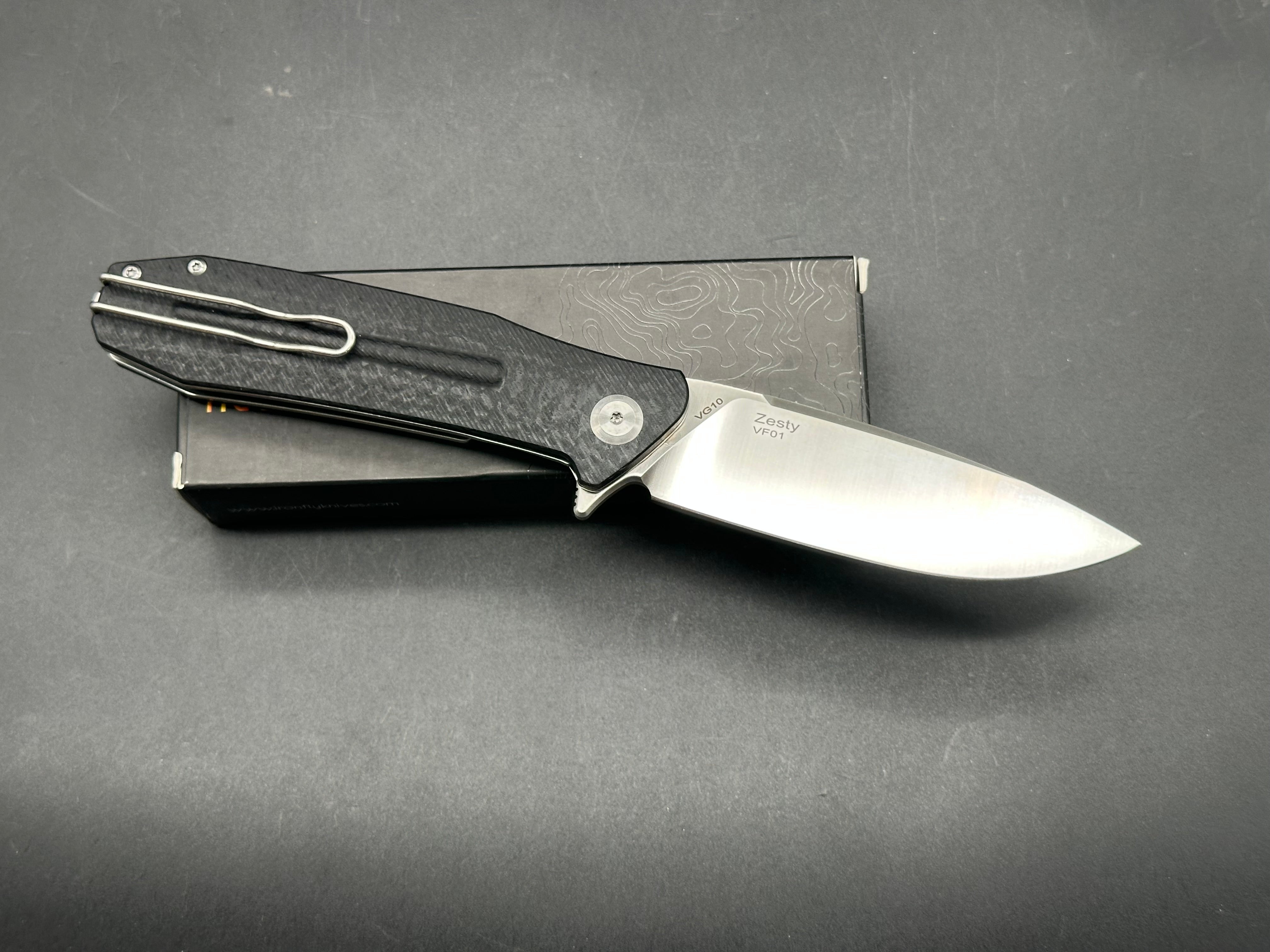 IRONFLY ZESTY BLACK G10 HANDLE WITH CARBON FIBER TEXTURE VG10 SATIN BLADE
