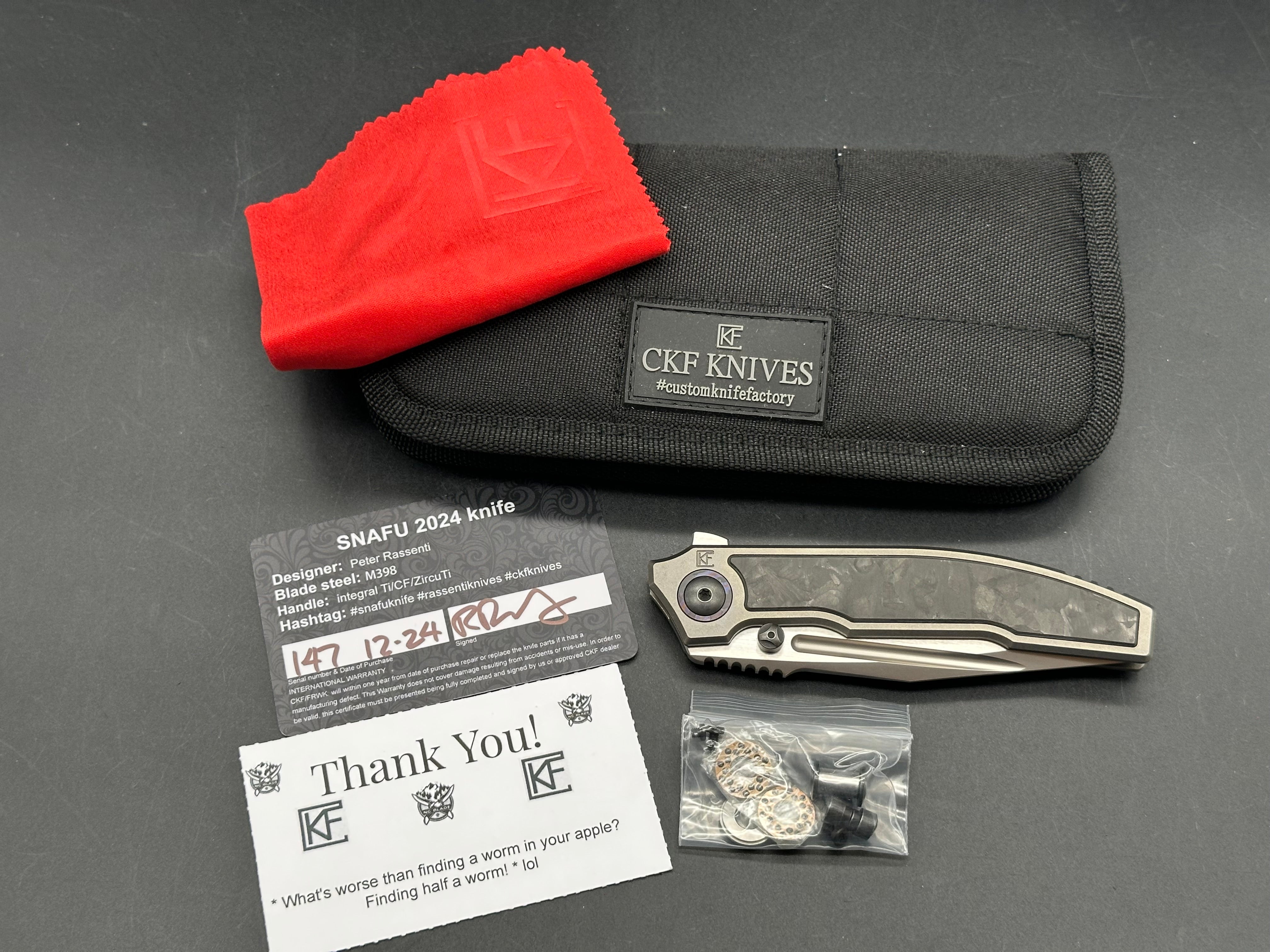 CKF Snafu 4.0 Medium #147, Blasted Hollow Ground M398 Blade with Satin Flats,Integral Titanium Handles with Carbon Fiber Inlays