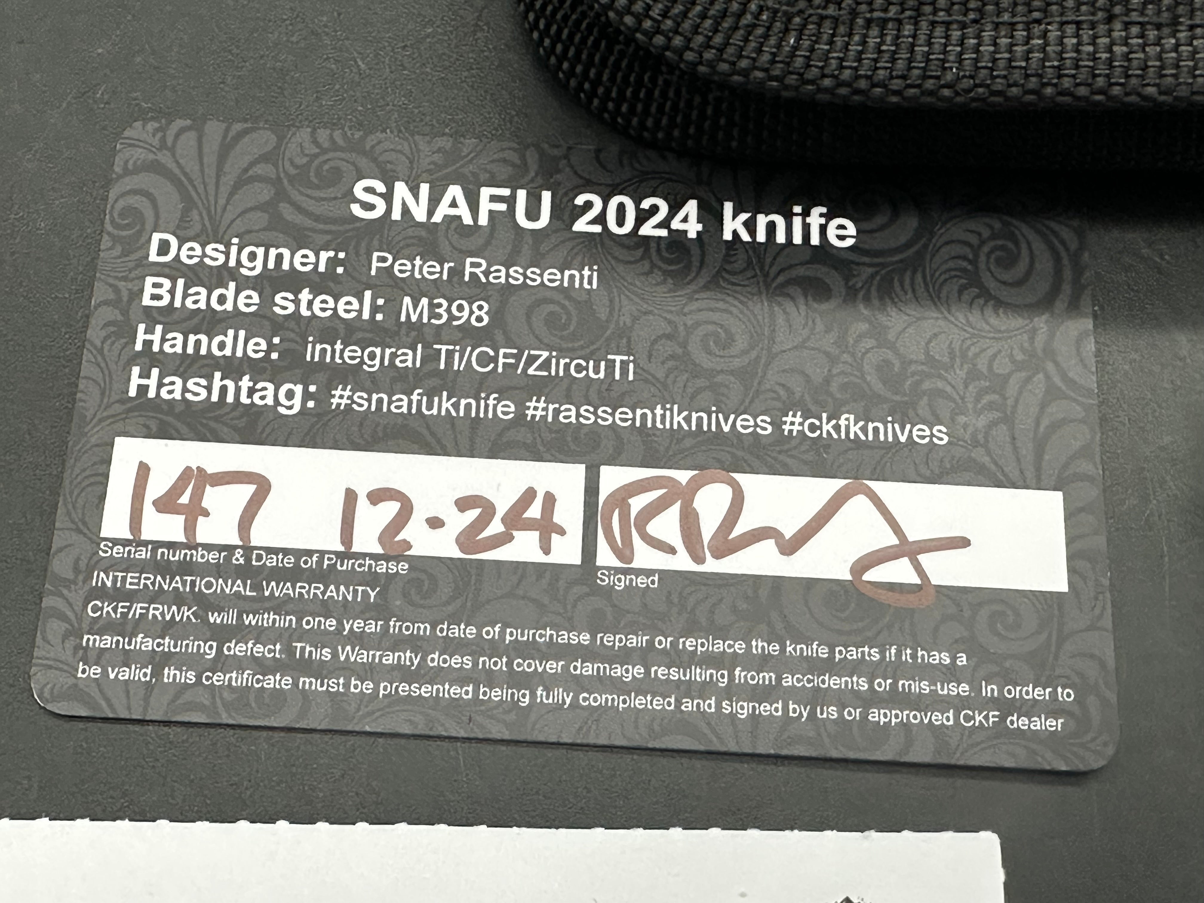 CKF Snafu 4.0 Medium #147, Blasted Hollow Ground M398 Blade with Satin Flats,Integral Titanium Handles with Carbon Fiber Inlays