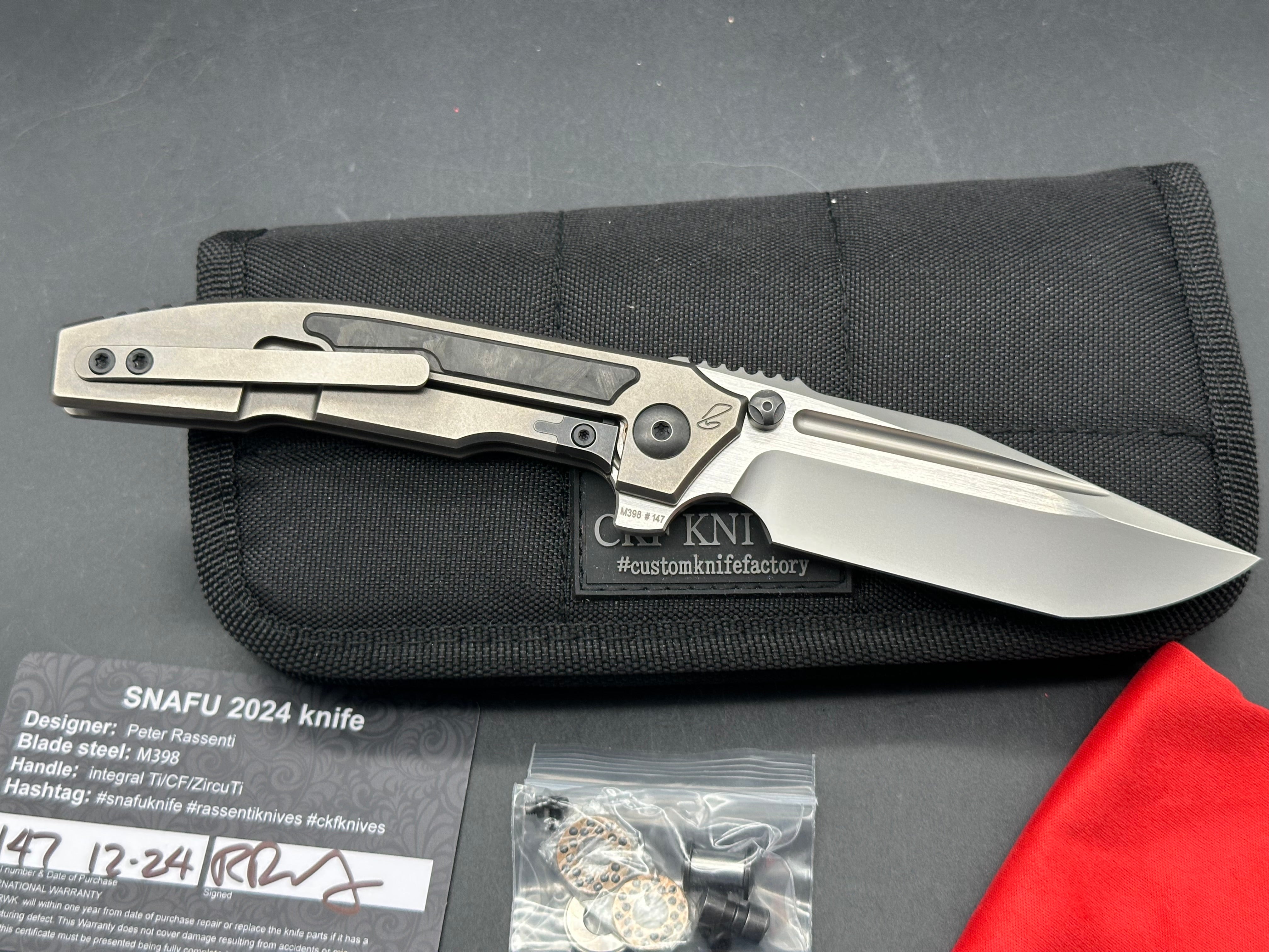 CKF Snafu 4.0 Medium #147, Blasted Hollow Ground M398 Blade with Satin Flats,Integral Titanium Handles with Carbon Fiber Inlays