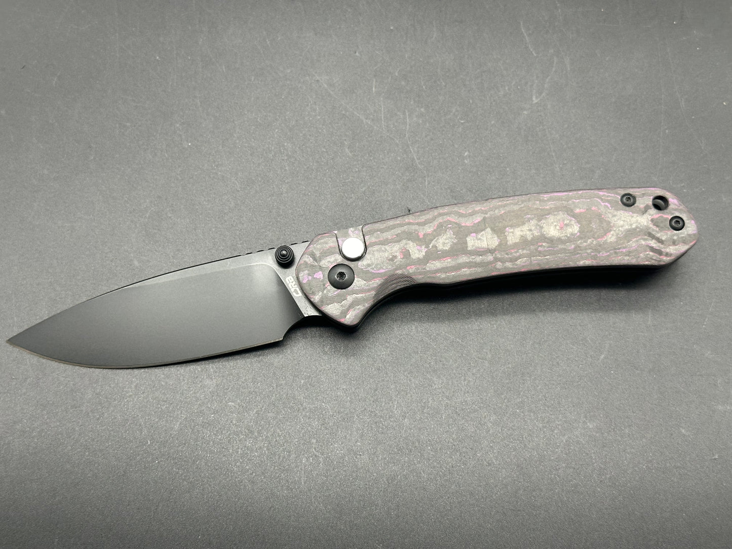 CJRB Pyrite BHQ Exclusive Ti Button Lock Knife Purple Haze Fat Carbon (3.1" PVD)