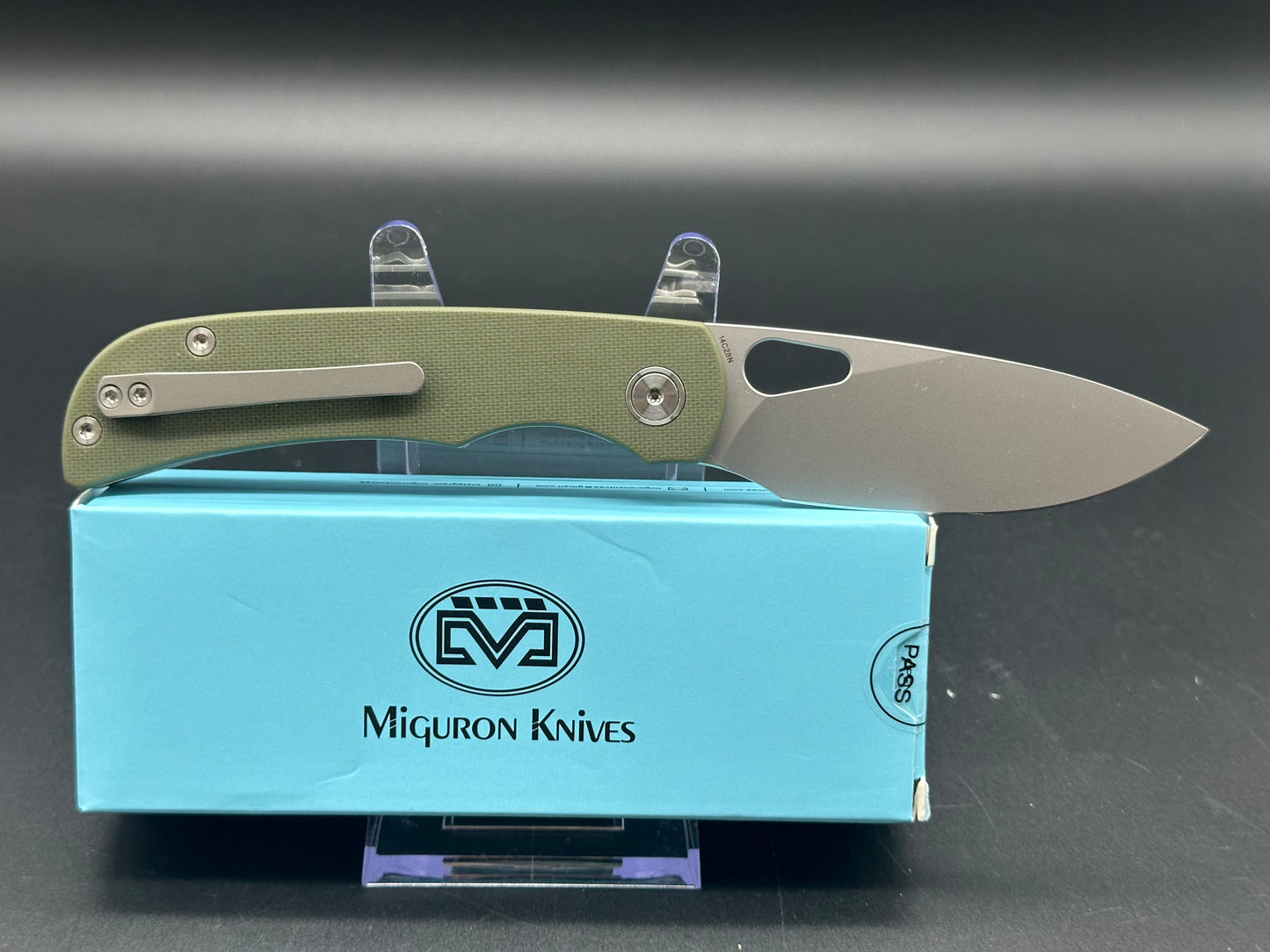 MIGURON MOYARL FOLDING KNIFE OD GREEN G10 HANDLE 14C28N DROP POINT PLAIN SANDBLSTED BLADE