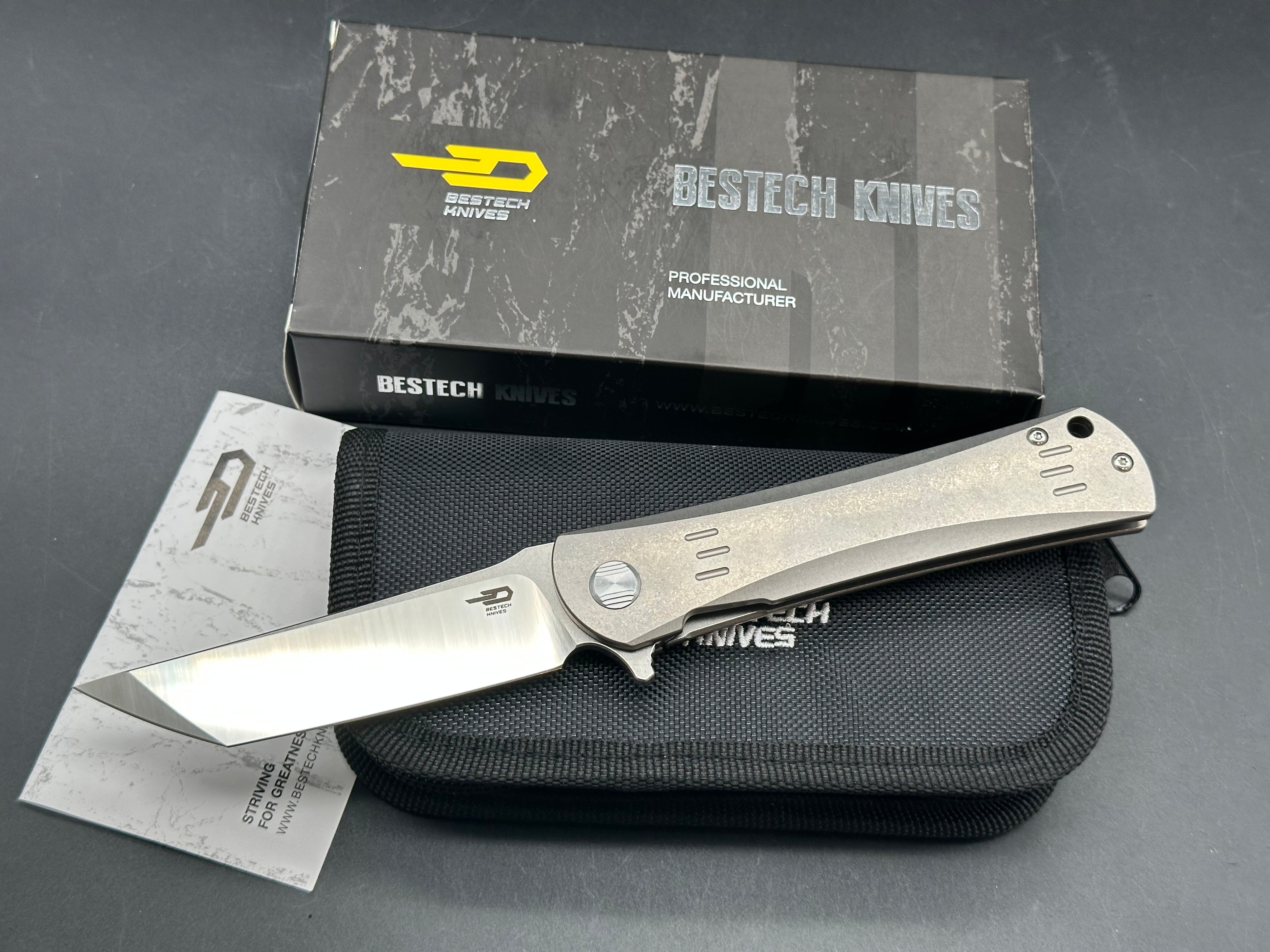 Bestech Kendo #037/100 Belt Satin CPM-S35VN Blade with Stonewashed Flats, Stonewashed Titanium Handles