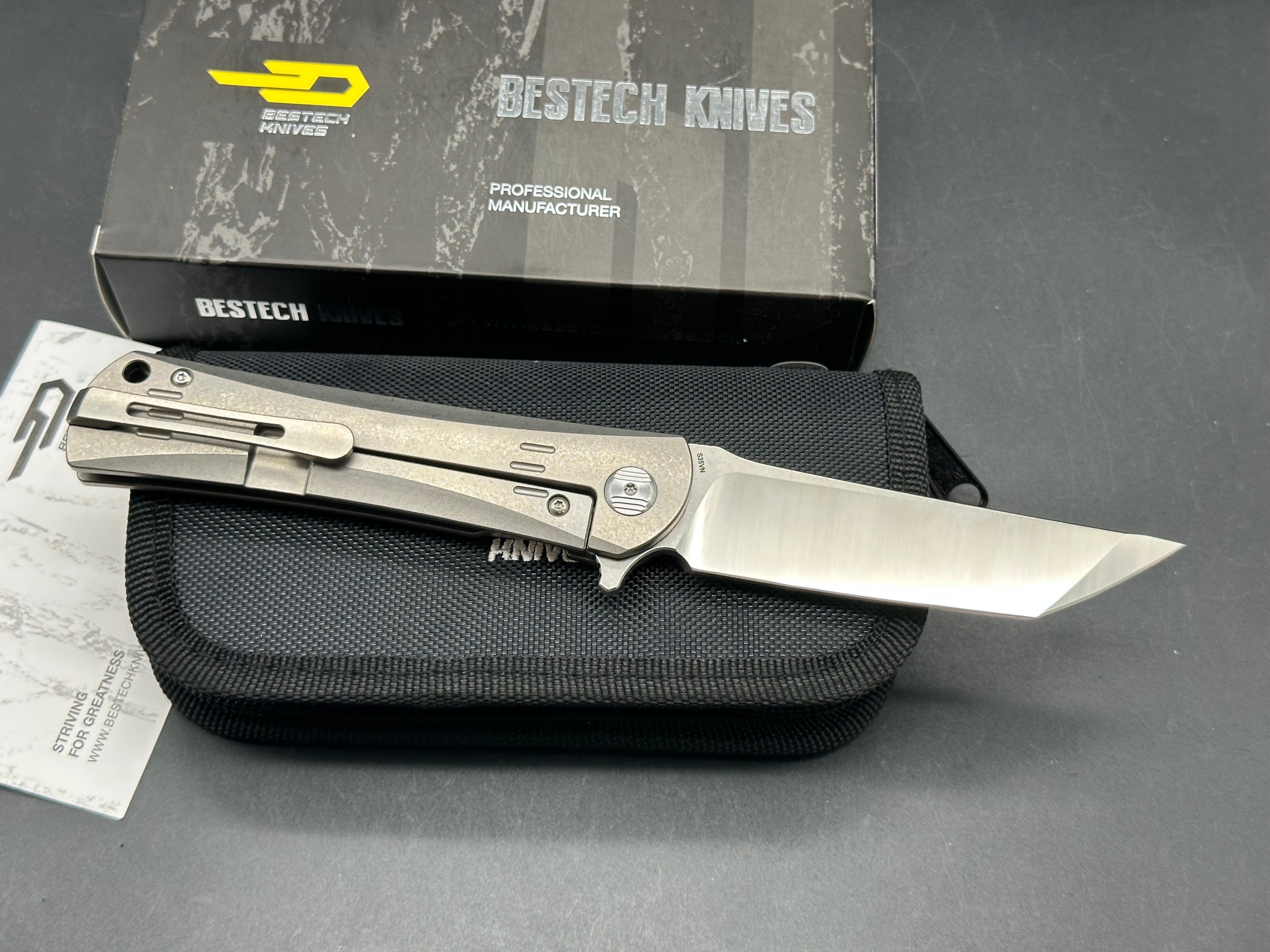 Bestech Kendo #037/100 Belt Satin CPM-S35VN Blade with Stonewashed Flats, Stonewashed Titanium Handles