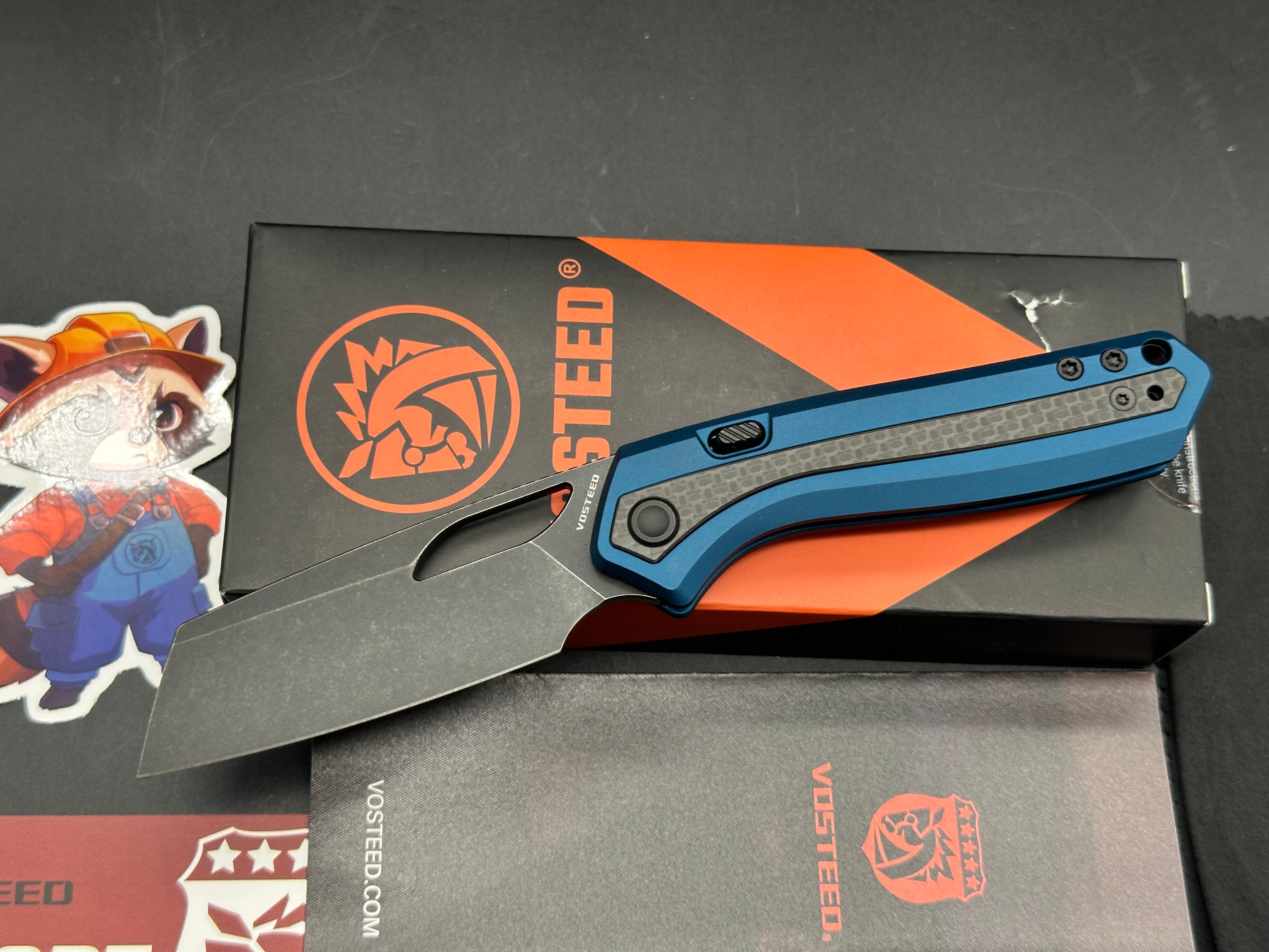 Vosteed Kroc Black Stonewashed CPM-S35VN Blade, Blue Aluminum Handles with Carbon Fiber Inlays