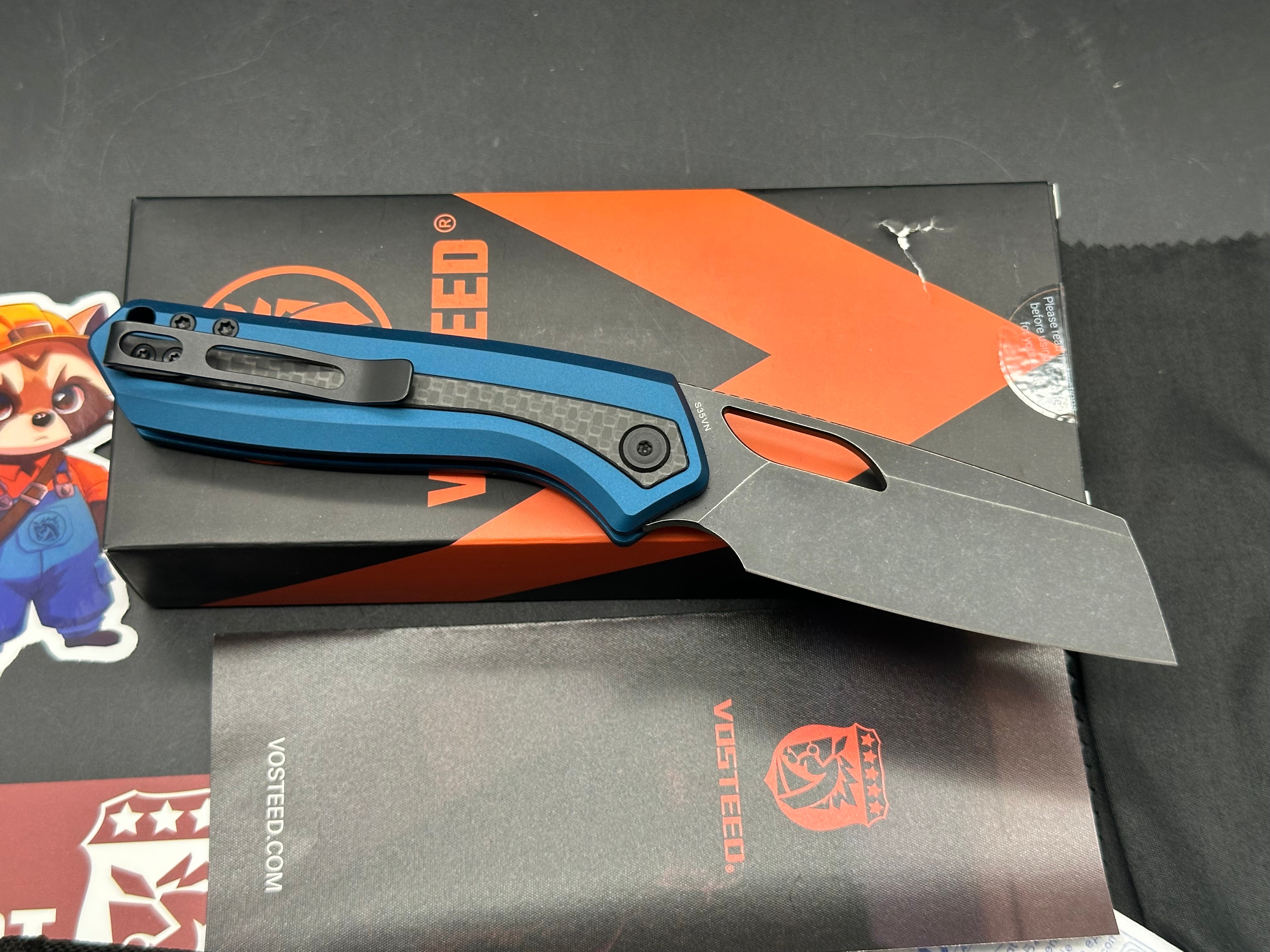 Vosteed Kroc Black Stonewashed CPM-S35VN Blade, Blue Aluminum Handles with Carbon Fiber Inlays