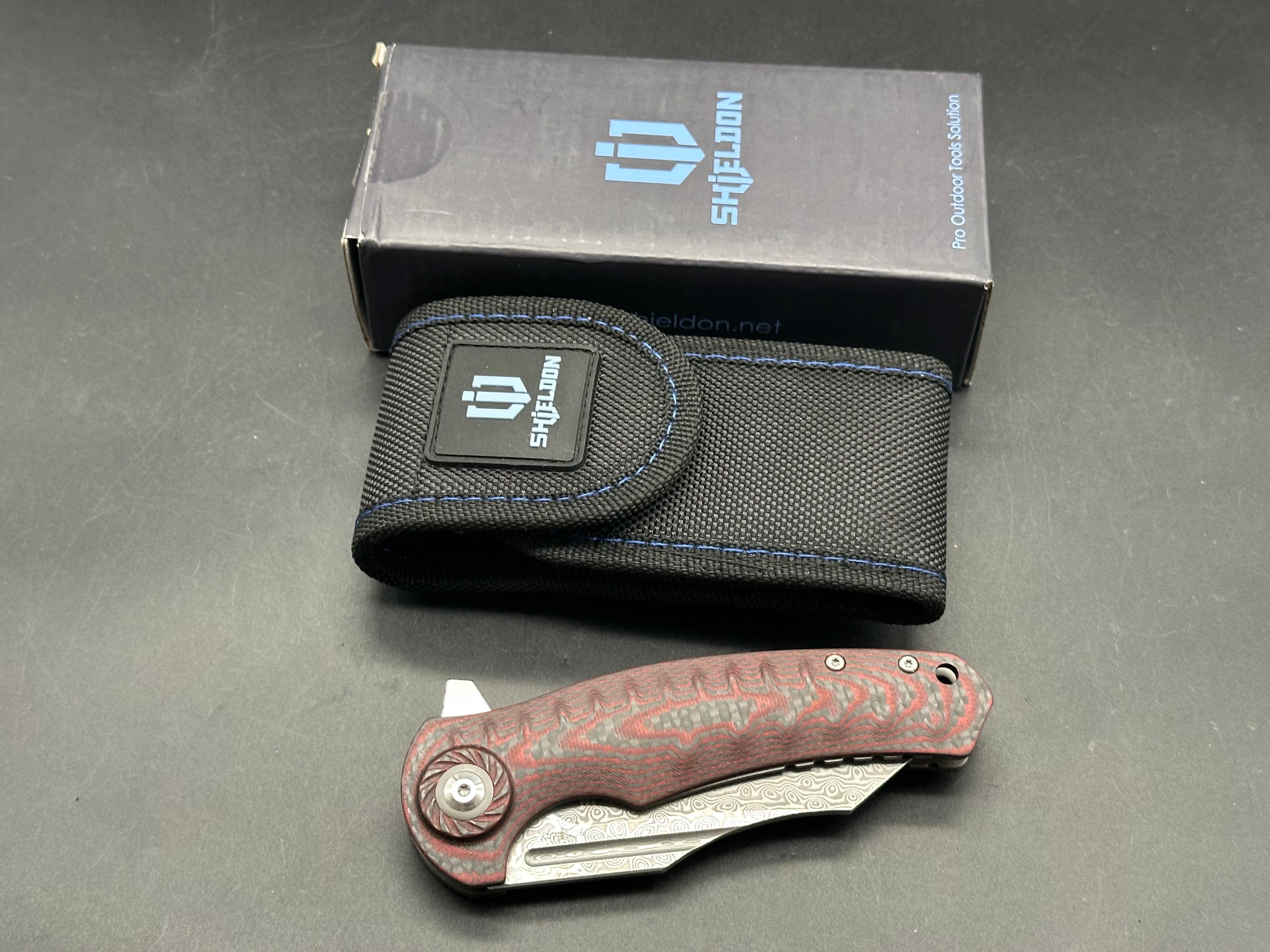 SHIELDON TRANCHODON LINERLOCK RED G10 FOLDING DAMASCUS POCKET KNIFE