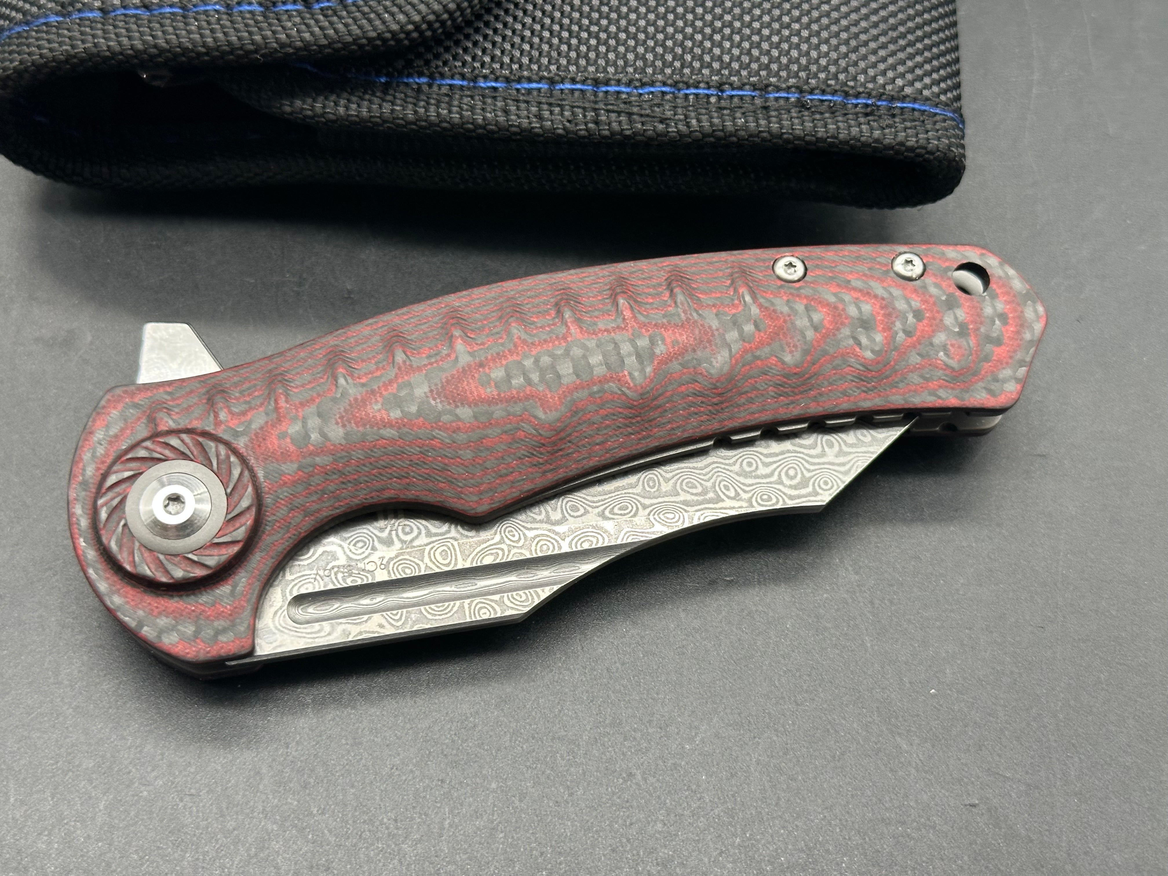SHIELDON TRANCHODON LINERLOCK RED G10 FOLDING DAMASCUS POCKET KNIFE