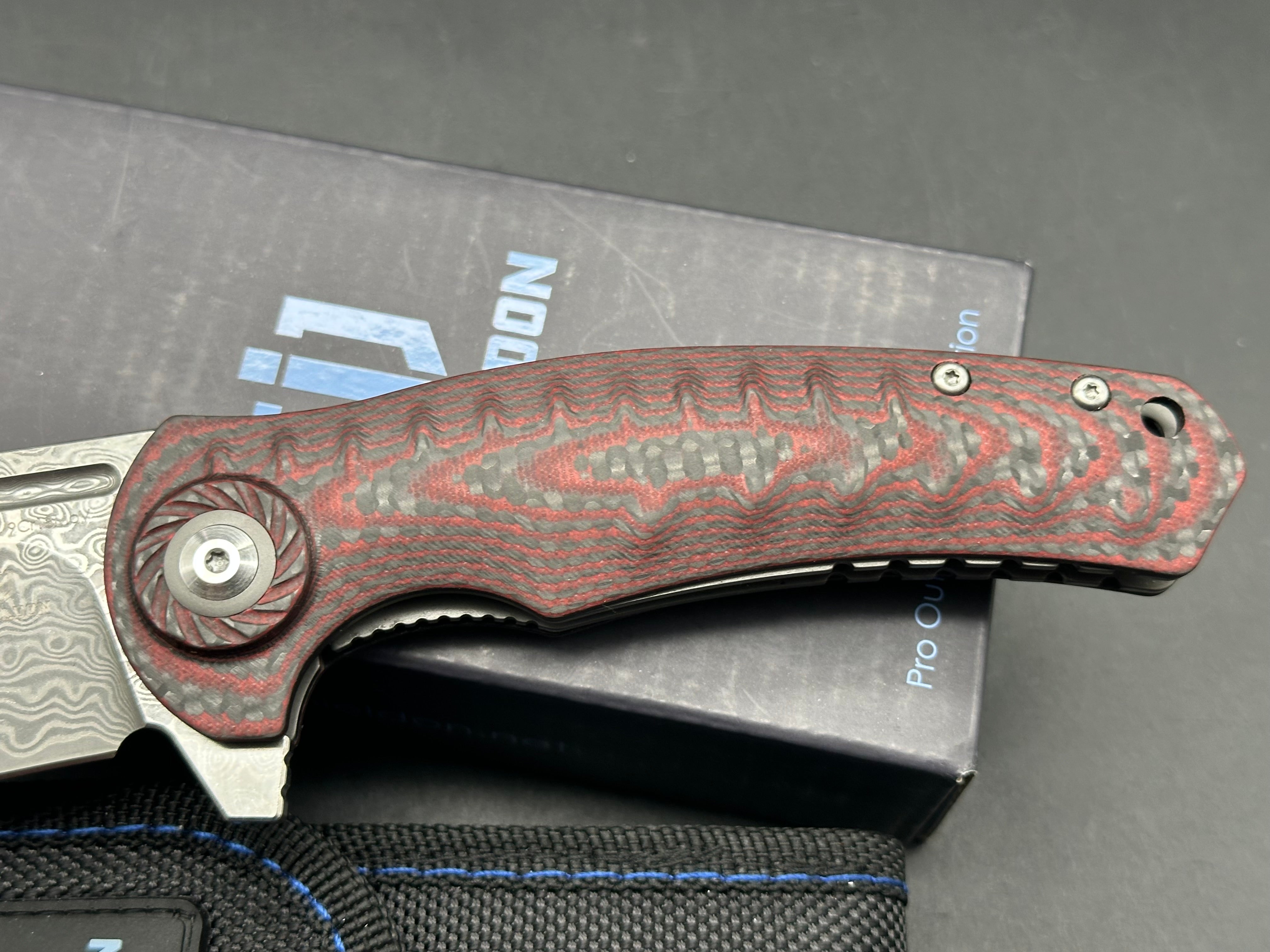 SHIELDON TRANCHODON LINERLOCK RED G10 FOLDING DAMASCUS POCKET KNIFE