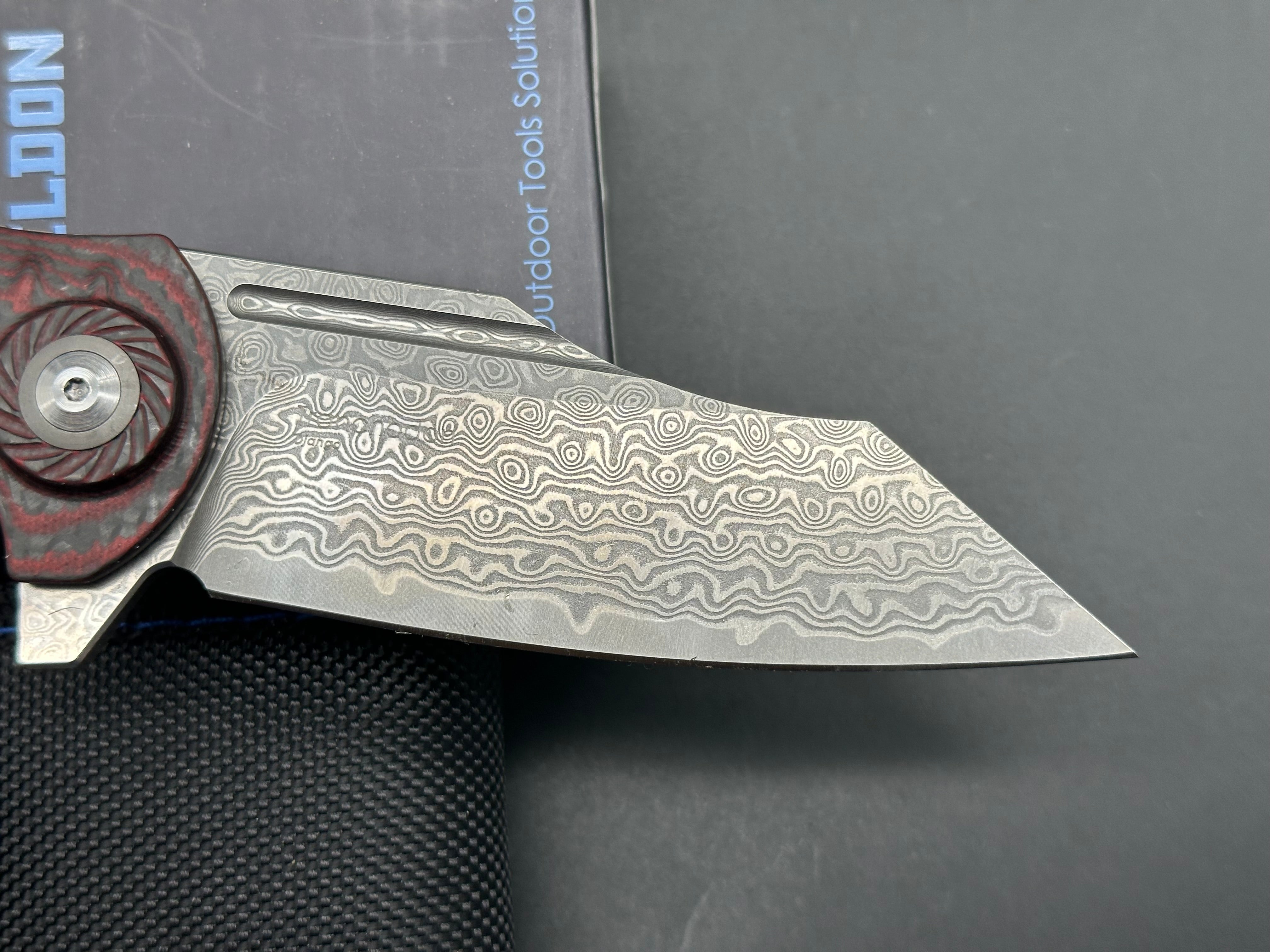 SHIELDON TRANCHODON LINERLOCK RED G10 FOLDING DAMASCUS POCKET KNIFE