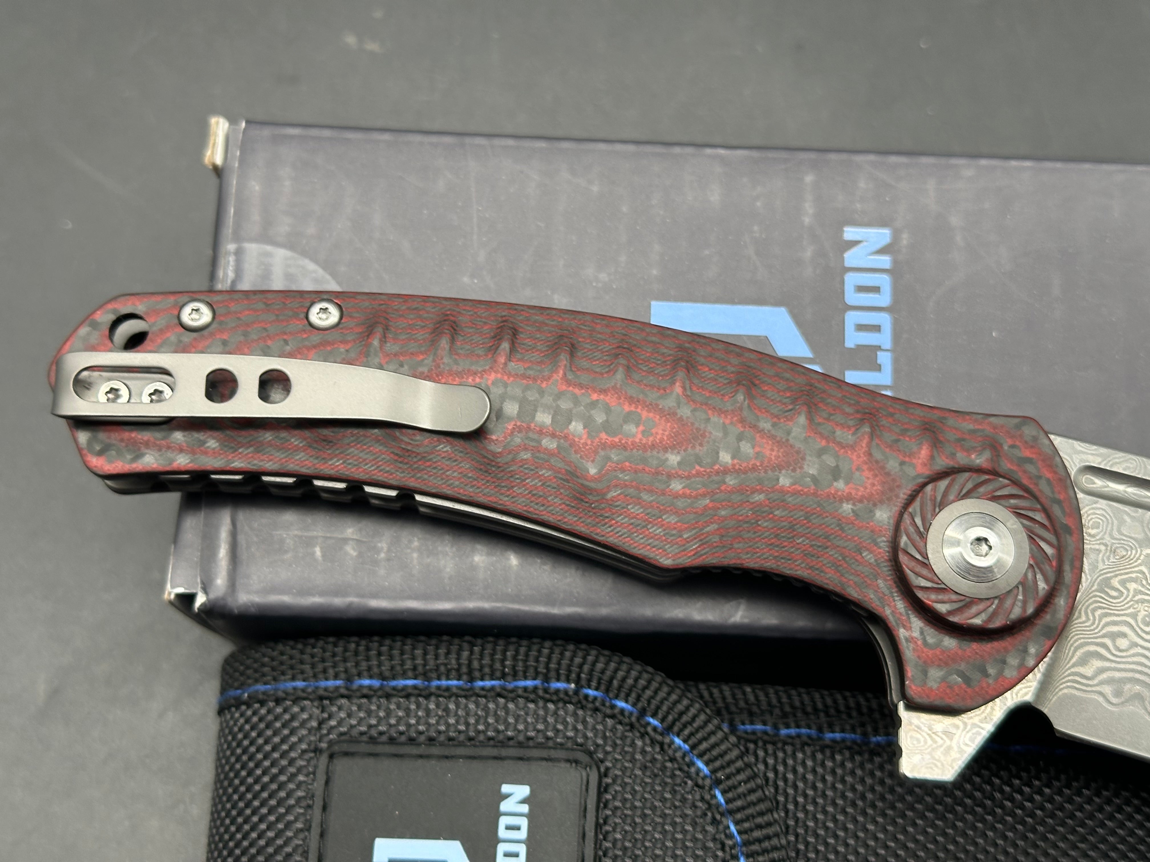 SHIELDON TRANCHODON LINERLOCK RED G10 FOLDING DAMASCUS POCKET KNIFE