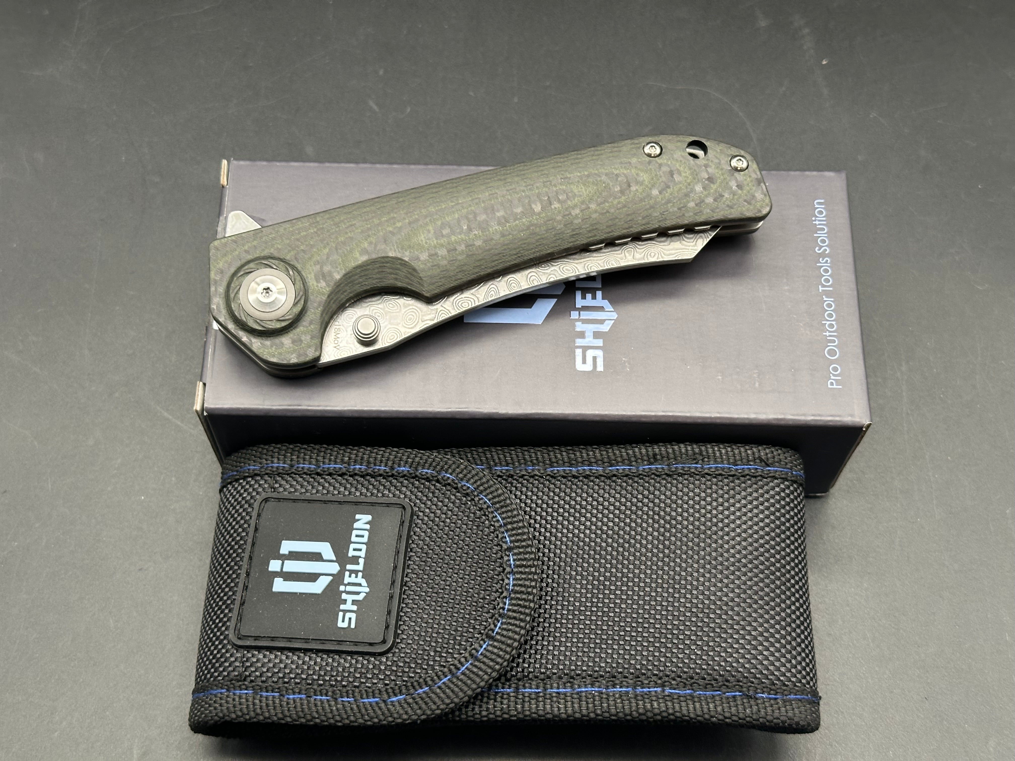 SHIELDON TORTANK LINERLOCK BLACK/GREEN G10 FOLDING 9CR18MOV DAMASCUS KNIFE