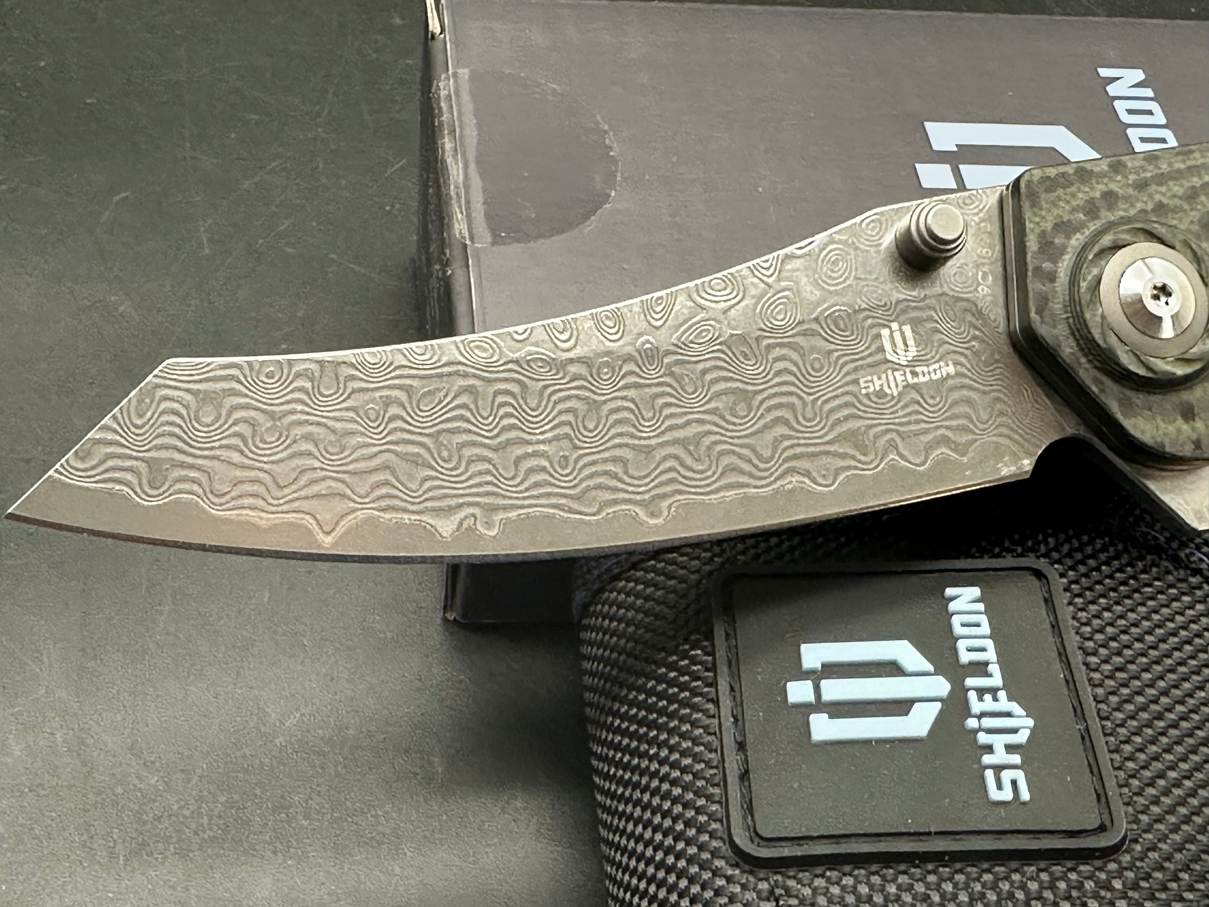 SHIELDON TORTANK LINERLOCK BLACK/GREEN G10 FOLDING 9CR18MOV DAMASCUS KNIFE