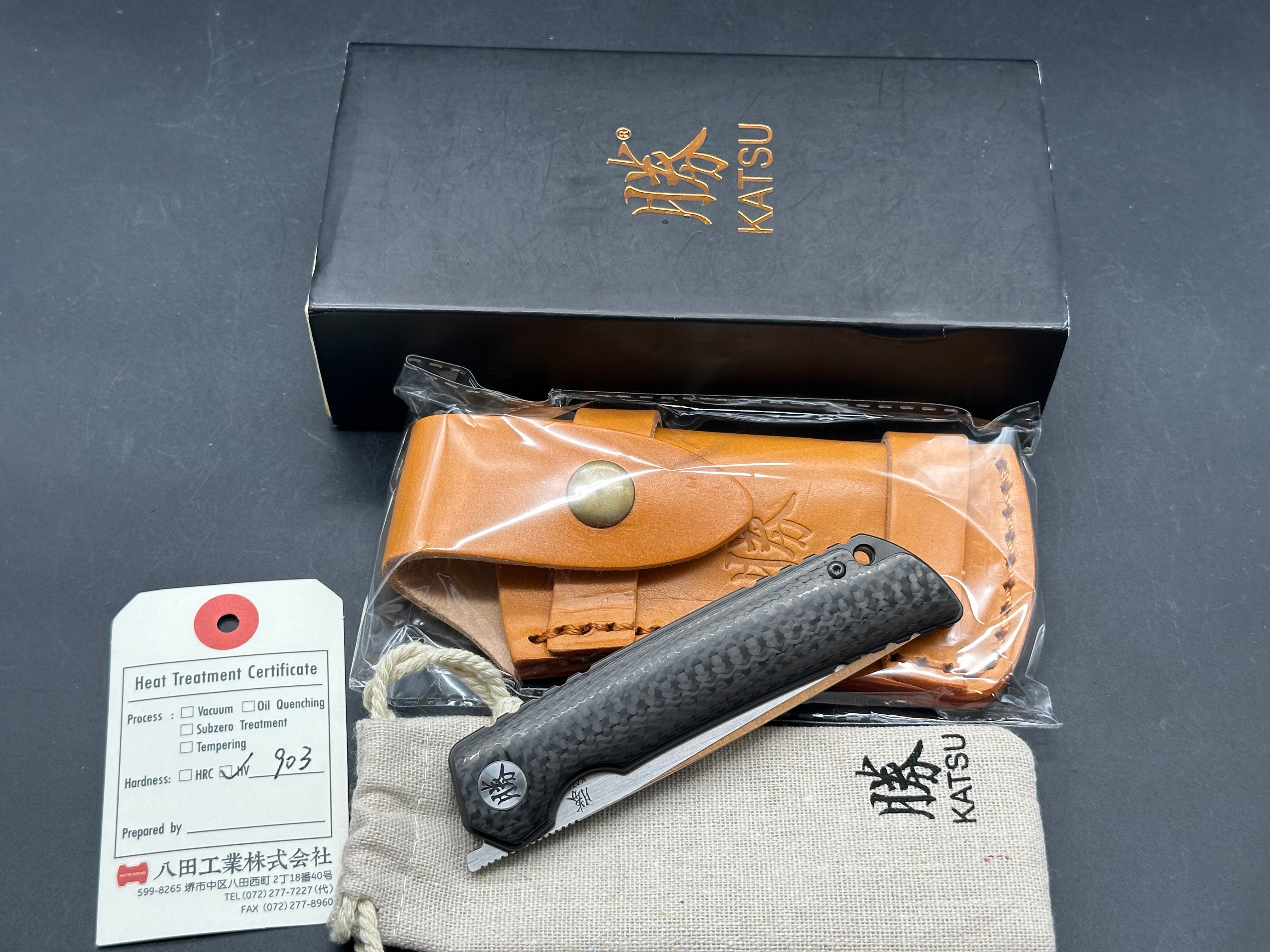 KATSU CK01, Carbon Fiber Handle 154CM Steel Blade, Leather Sheath