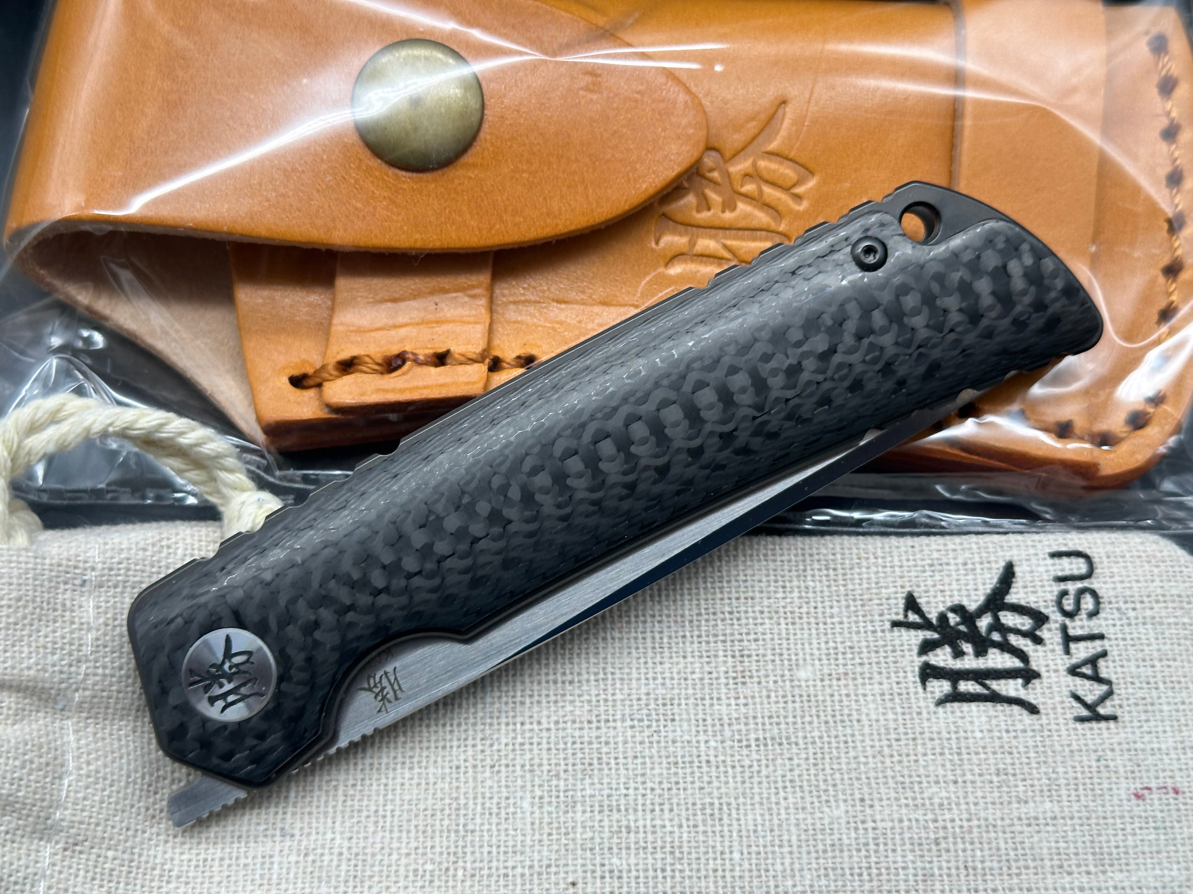 KATSU CK01, Carbon Fiber Handle 154CM Steel Blade, Leather Sheath