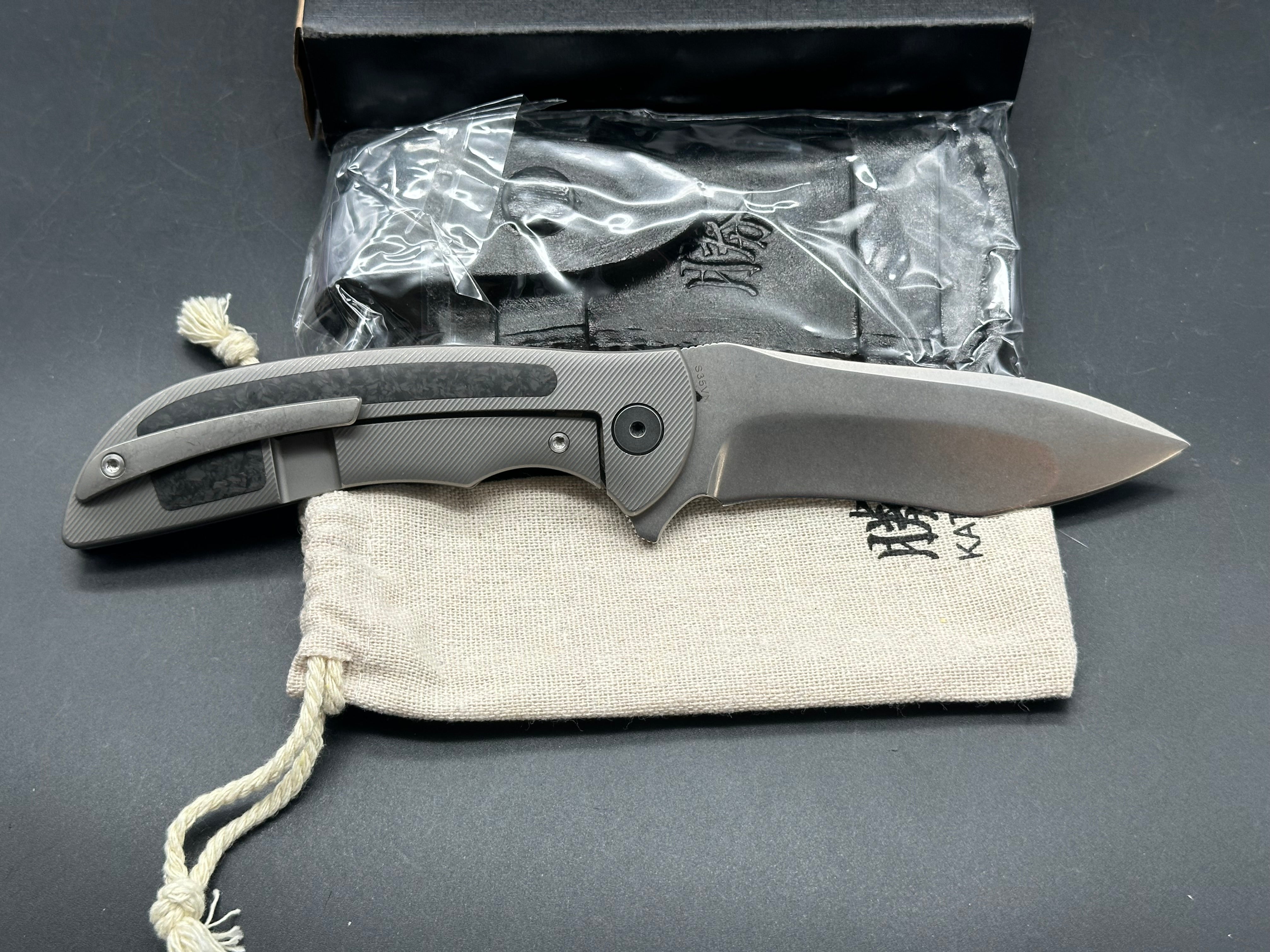 KATSU TK01, CPM S35VN Blade, Titanium & Carbon Fiber Handle, Leather Sheath