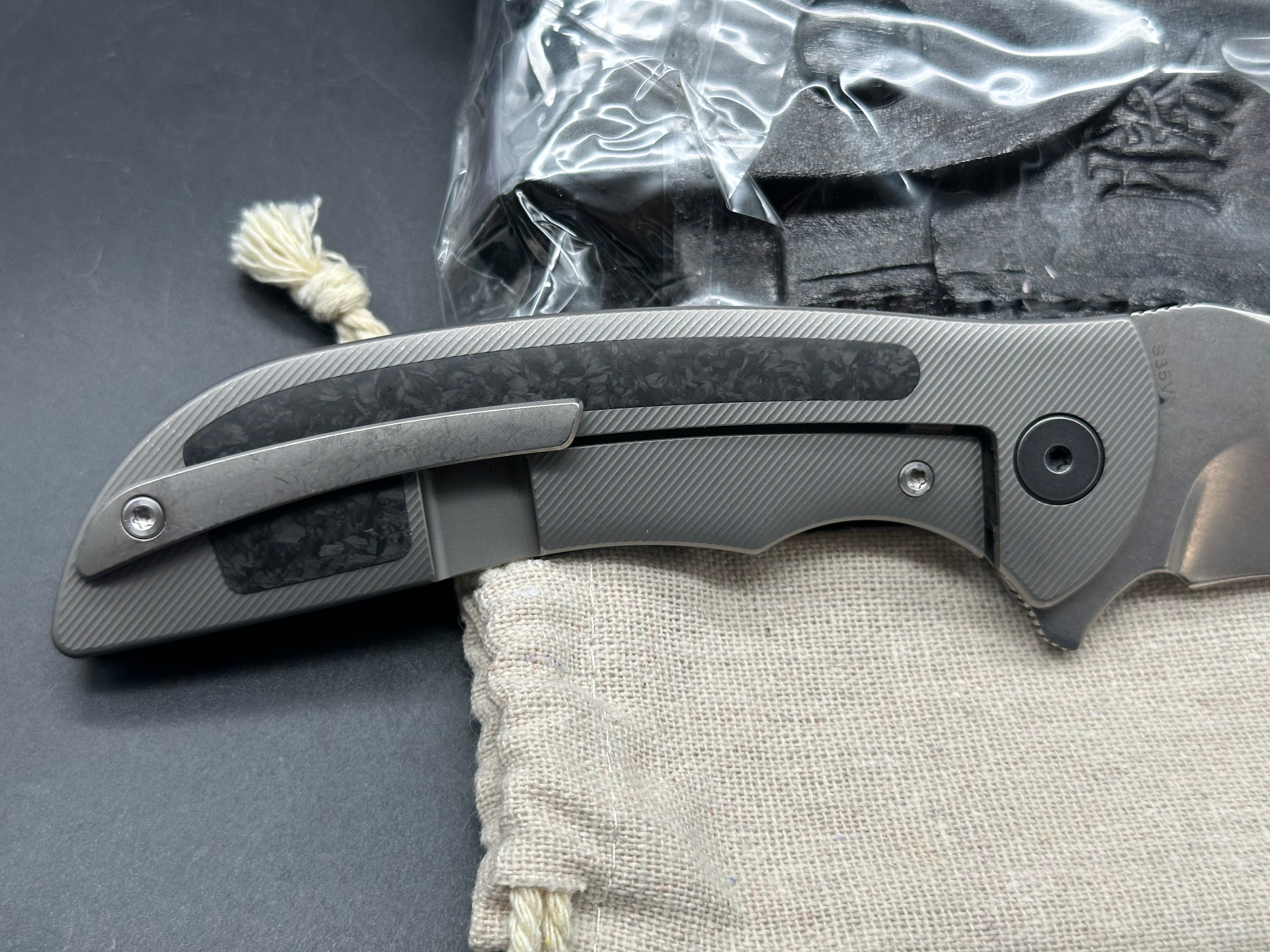 KATSU TK01, CPM S35VN Blade, Titanium & Carbon Fiber Handle, Leather Sheath